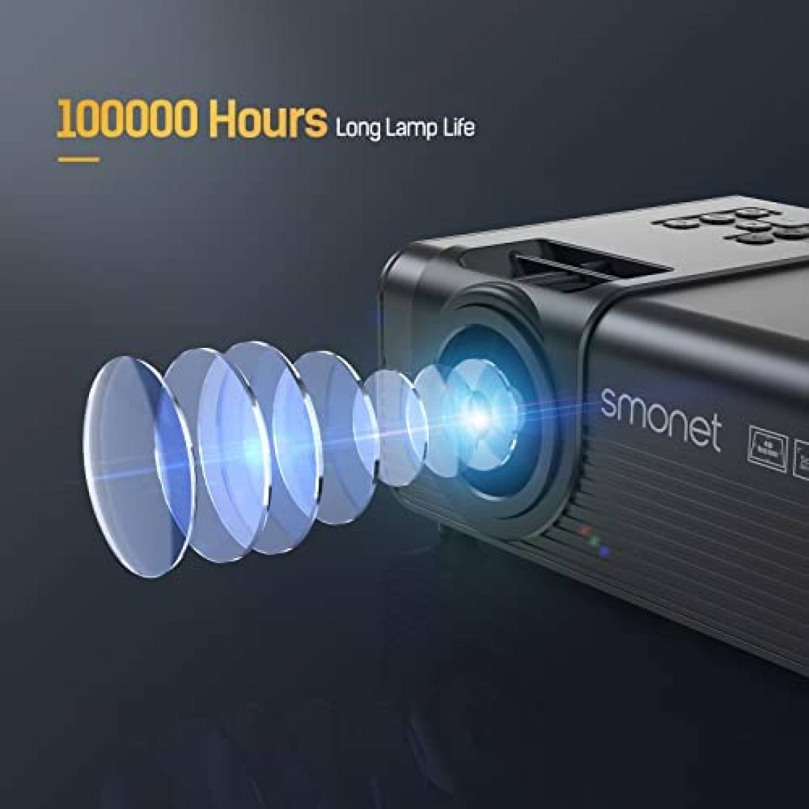 Proyector SMONET 9500 Lumenes 1080p 4K WiFi Bluetooth -Negro
