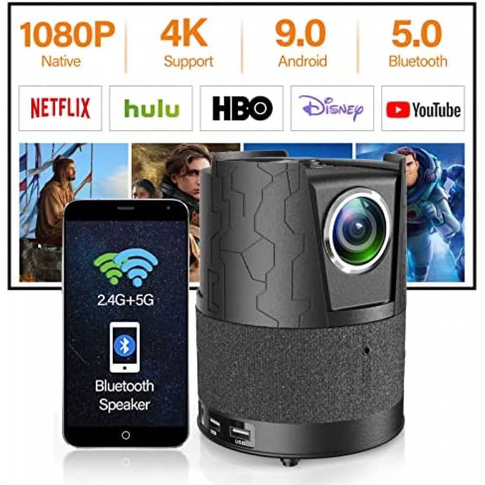 Proyector CAIWEI 6000 Lumenes 4K 1080p WiFi Bluetooth -Negro