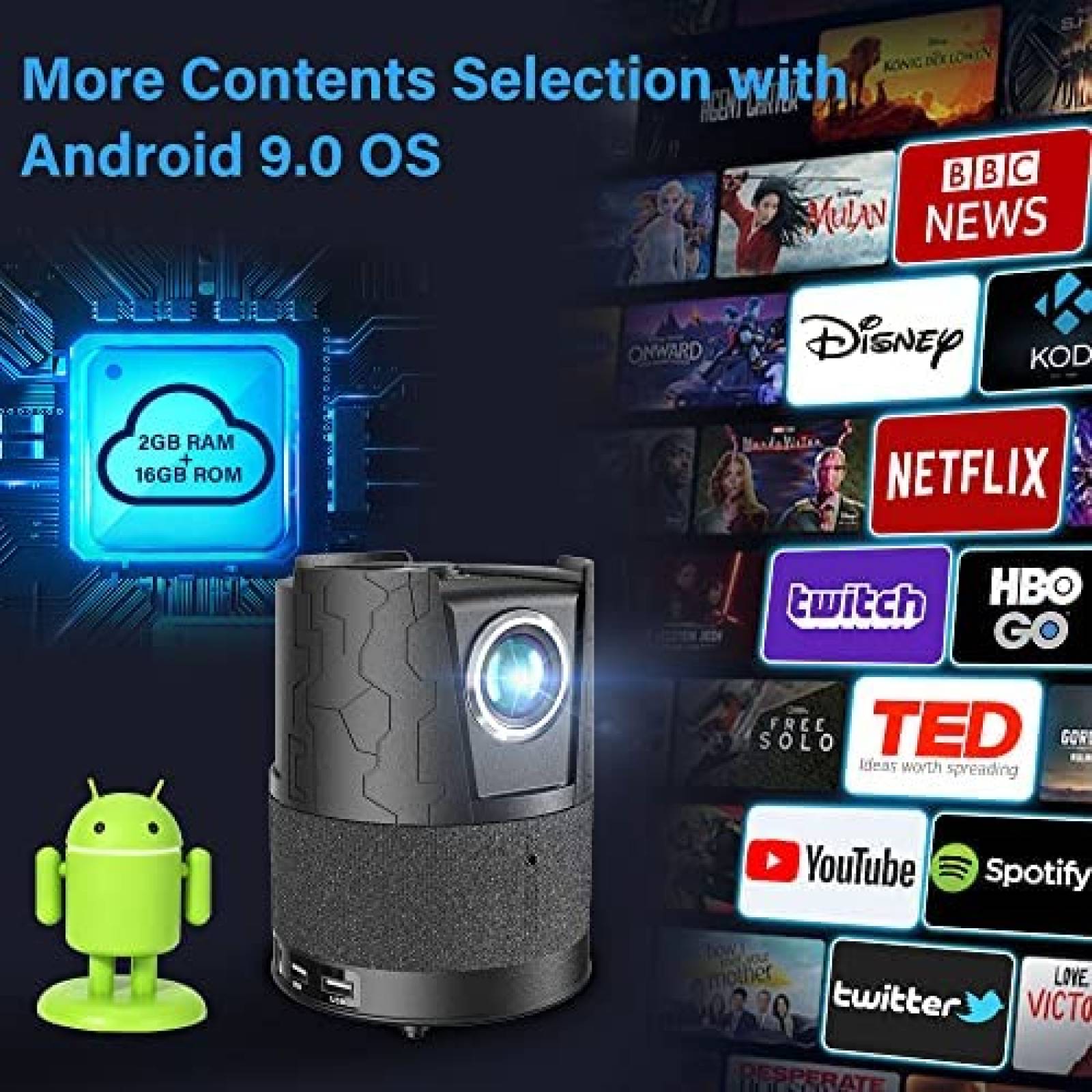 Proyector CAIWEI 6000 Lumenes 4K 1080p WiFi Bluetooth -Negro