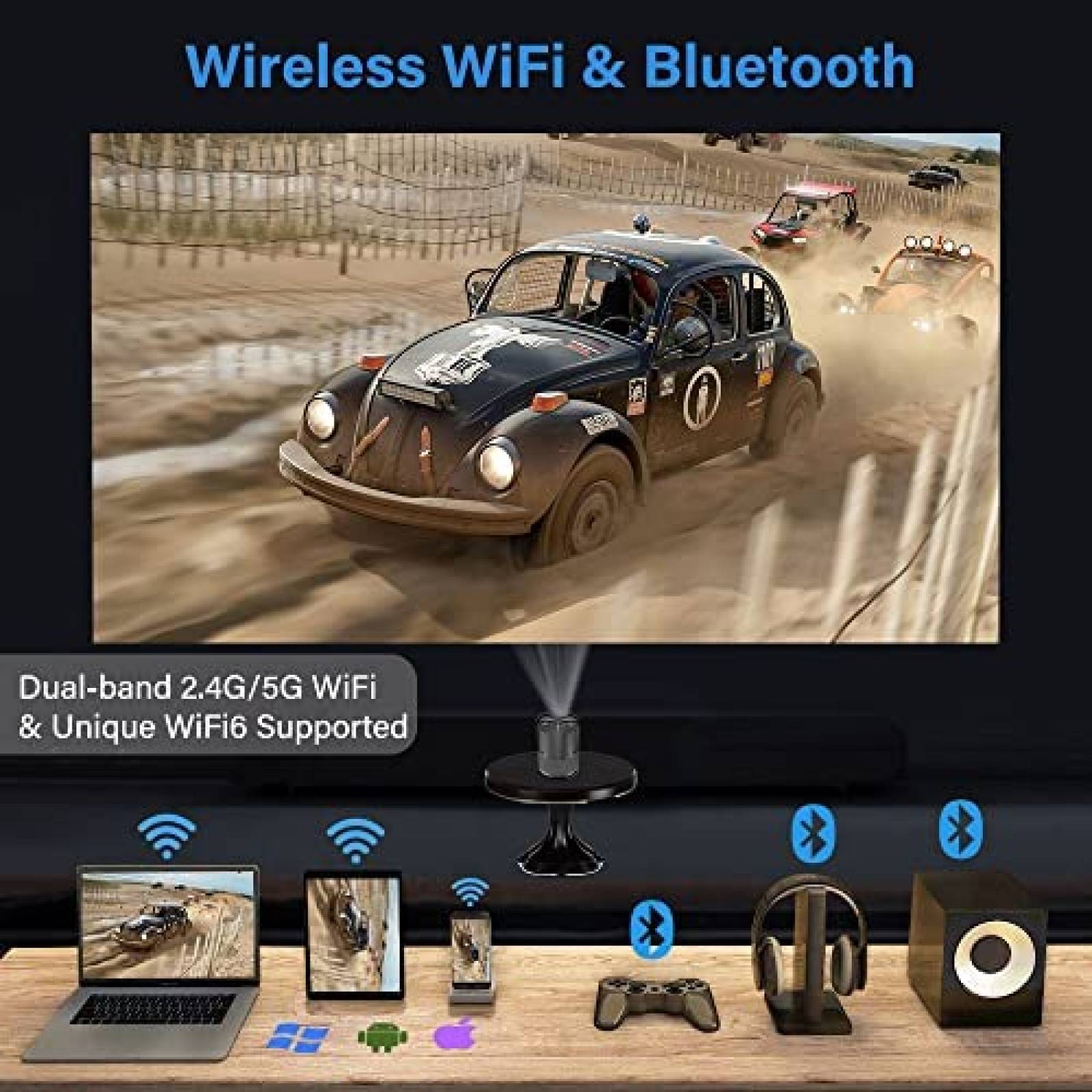 Proyector CAIWEI 6000 Lumenes 4K 1080p WiFi Bluetooth -Negro