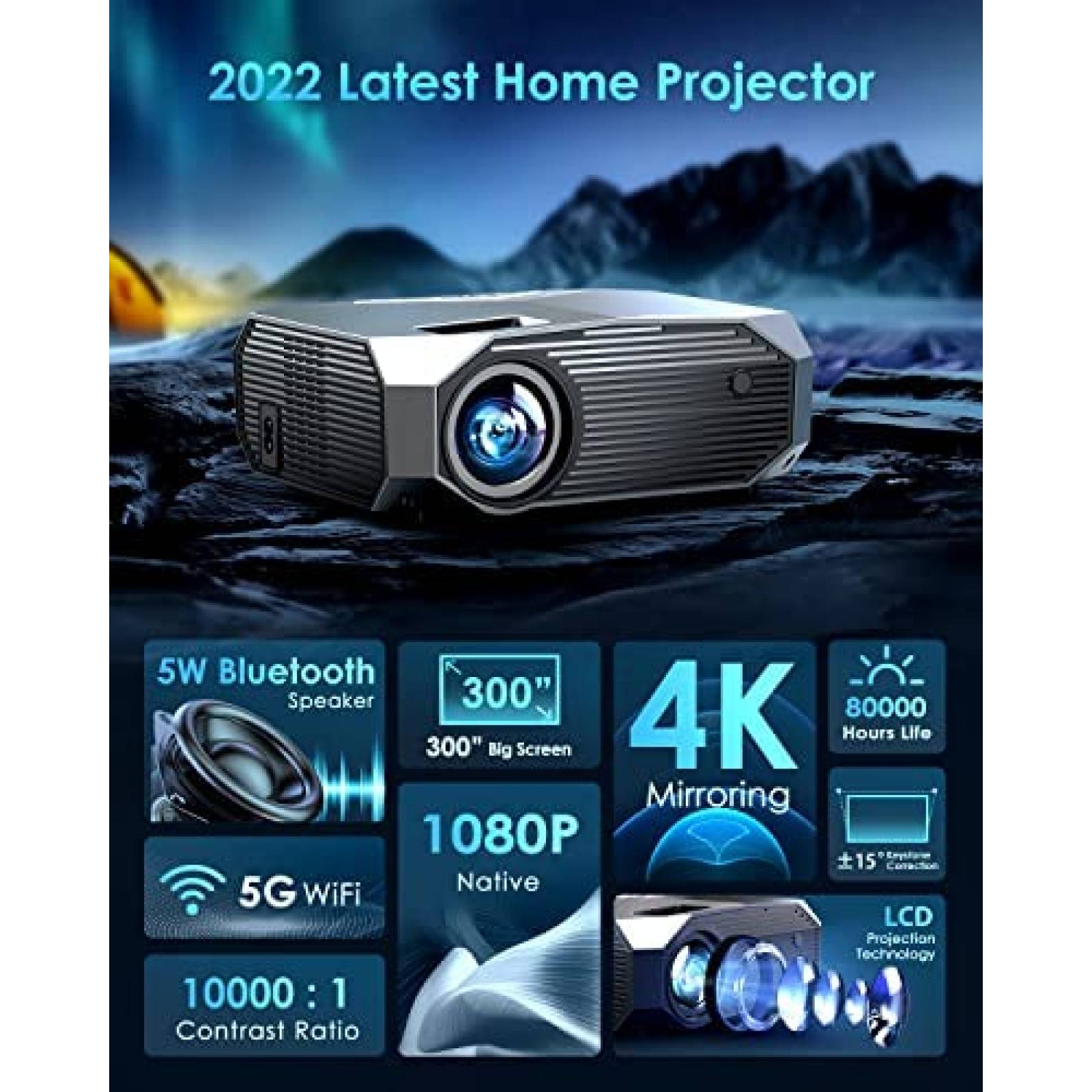 Proyector YOWHICK 10000 Lumenes FHD 1080p WiFi 4K -Negro