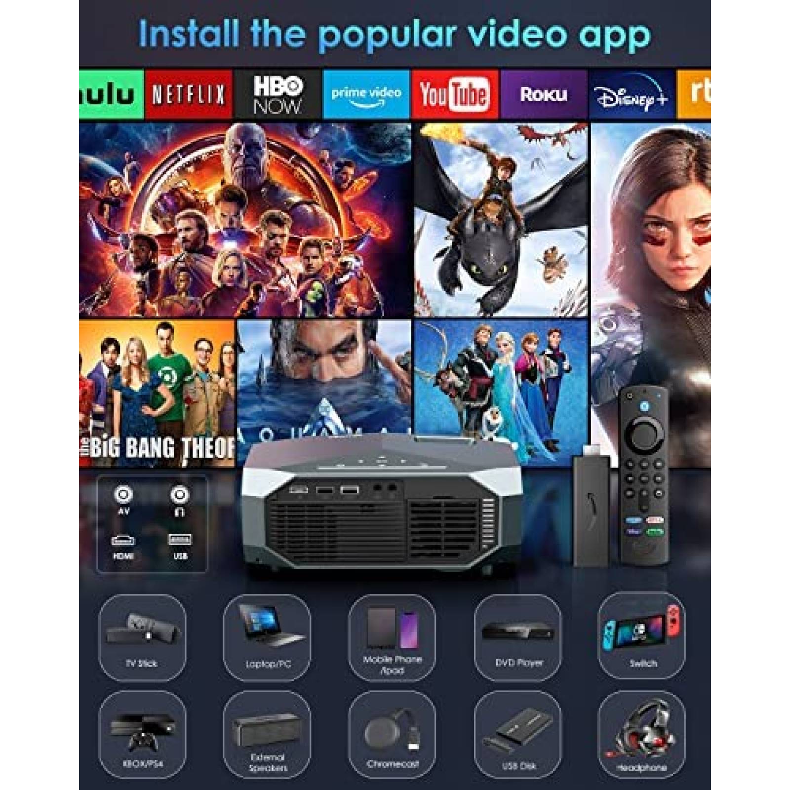 Proyector YOWHICK 10000 Lumenes FHD 1080p WiFi 4K -Negro
