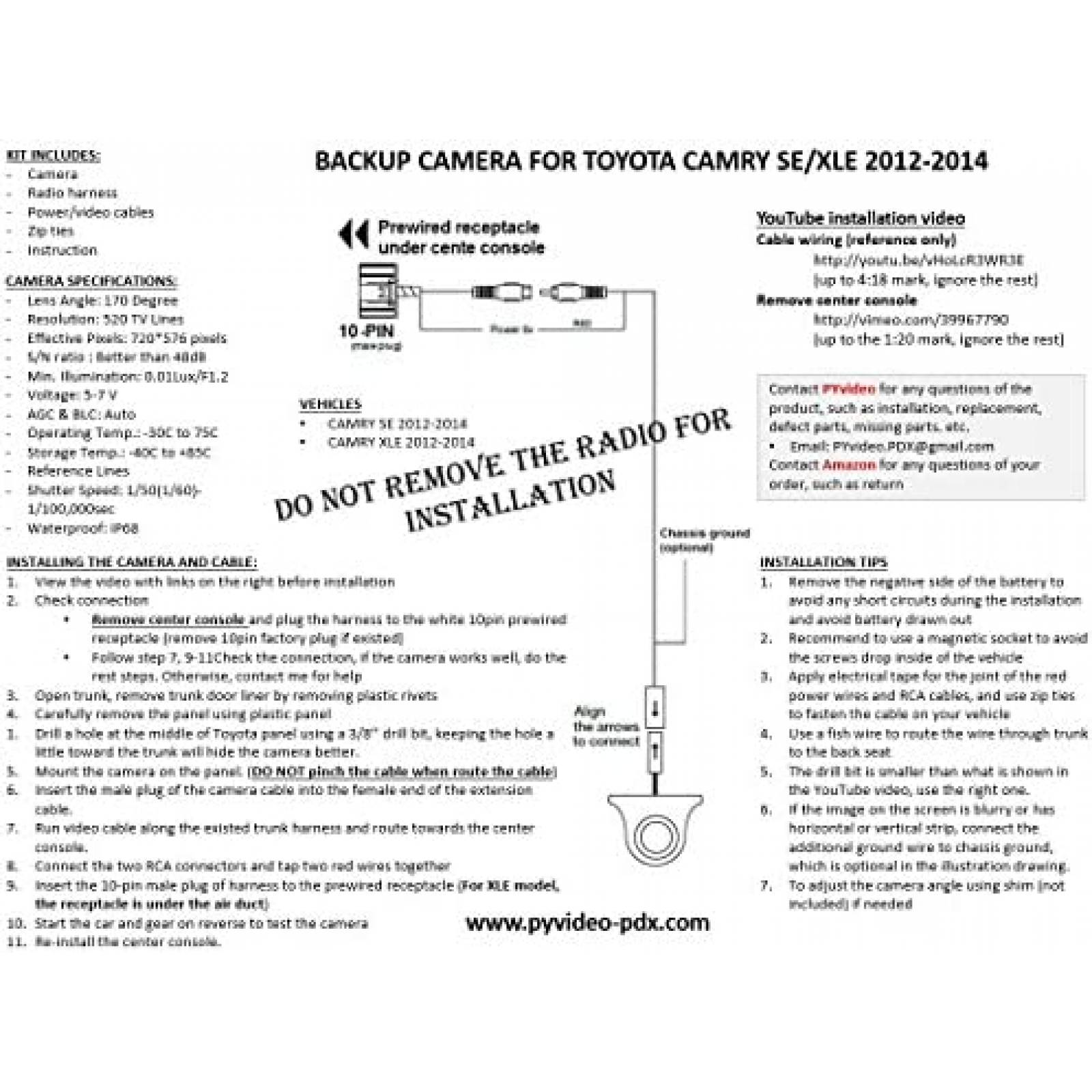 Camara de Reversa PYvideo Para Coche Toyota Camry SE & XLE