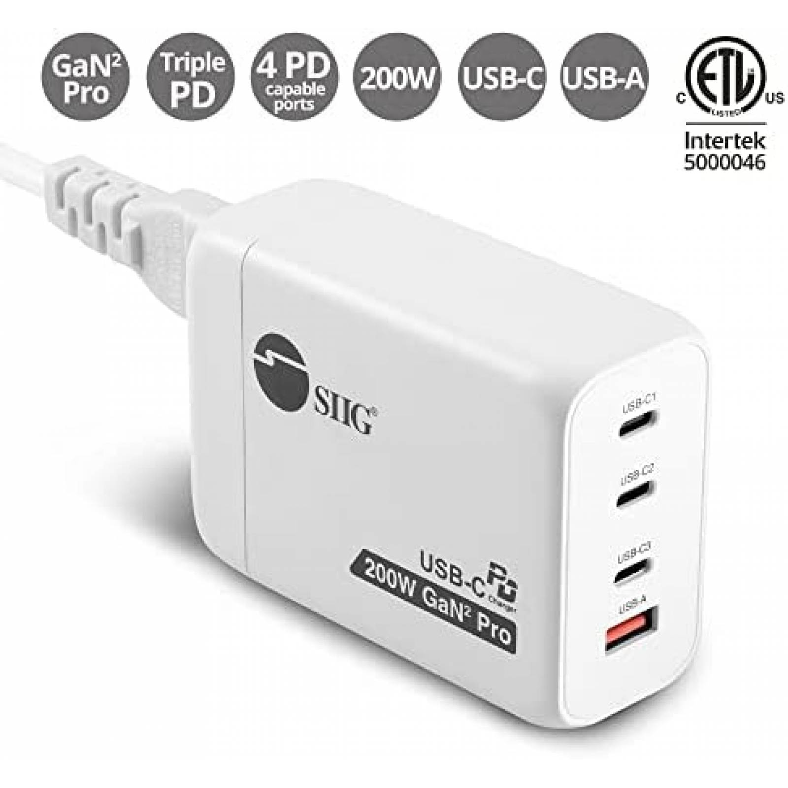 Cargador USB SIIG 200W GaN 4 Puertos Carga Rapida -Blanco