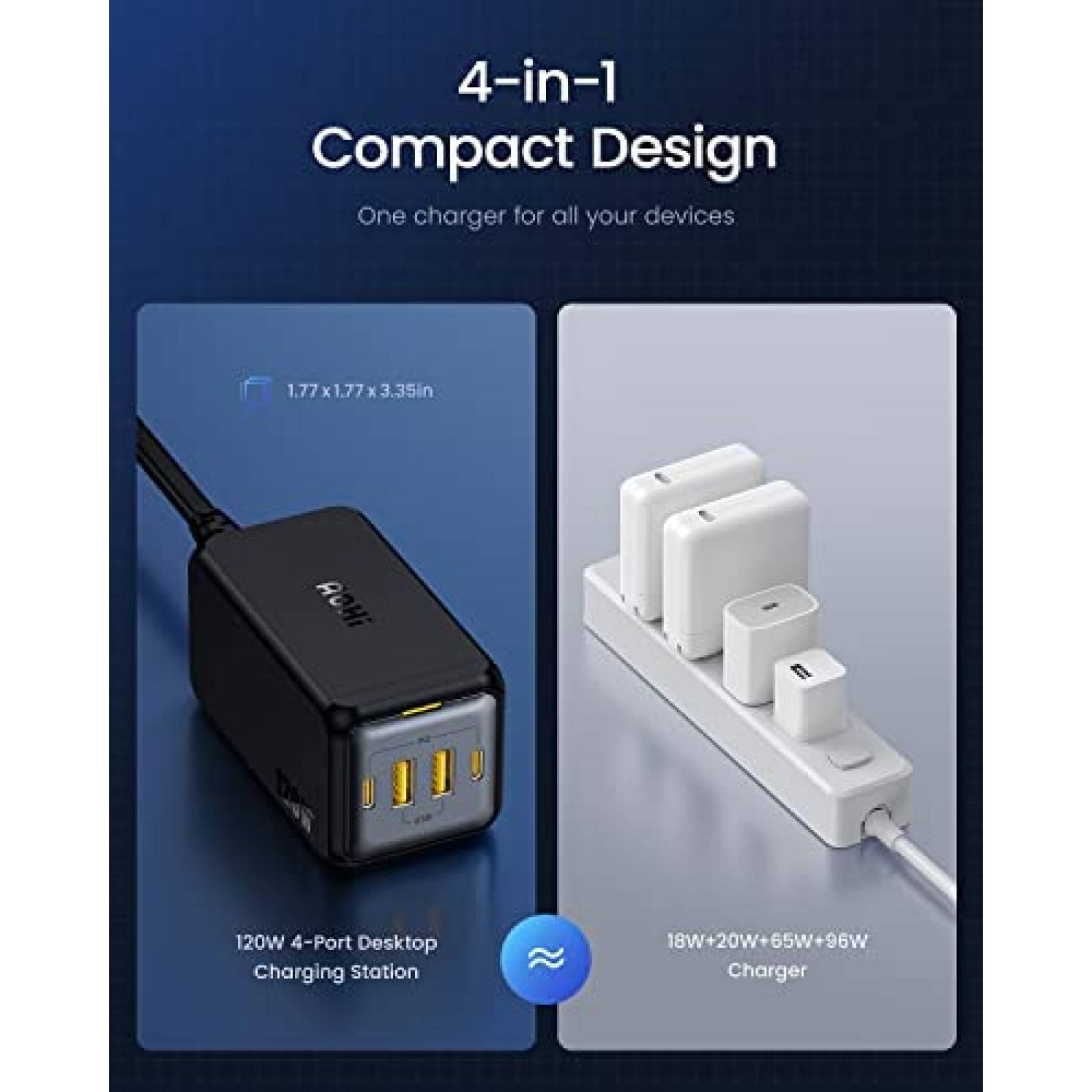 Cargador Multiple AOHI 120W Usb-C 4 Puertos Compacto -Negro