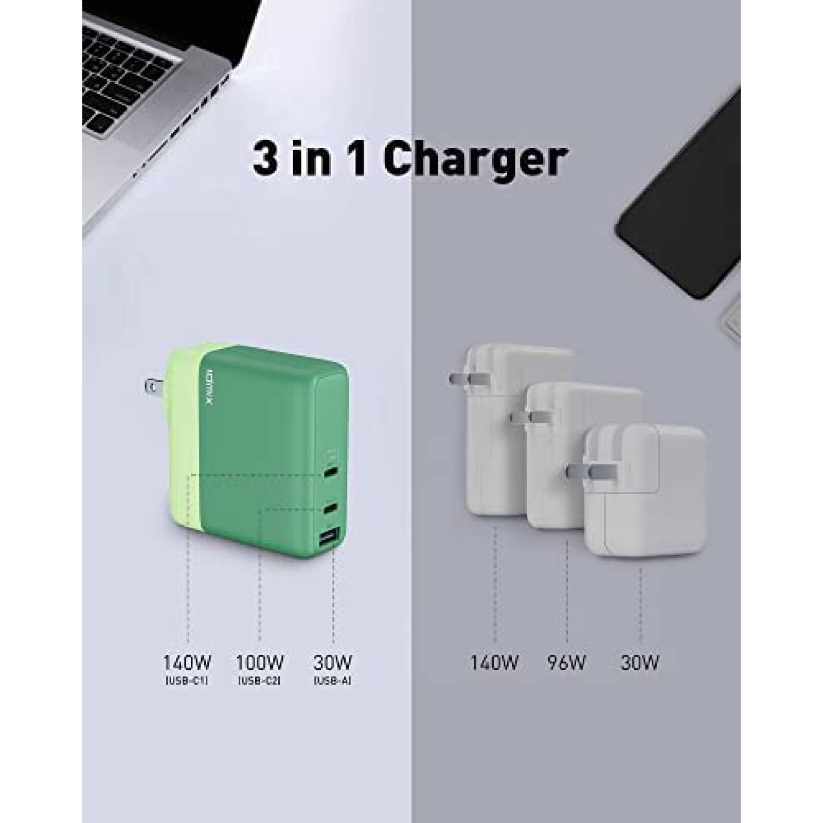 Cargador de Pared IDMIX 140W USB-C 140W 3 Puertos -Verde