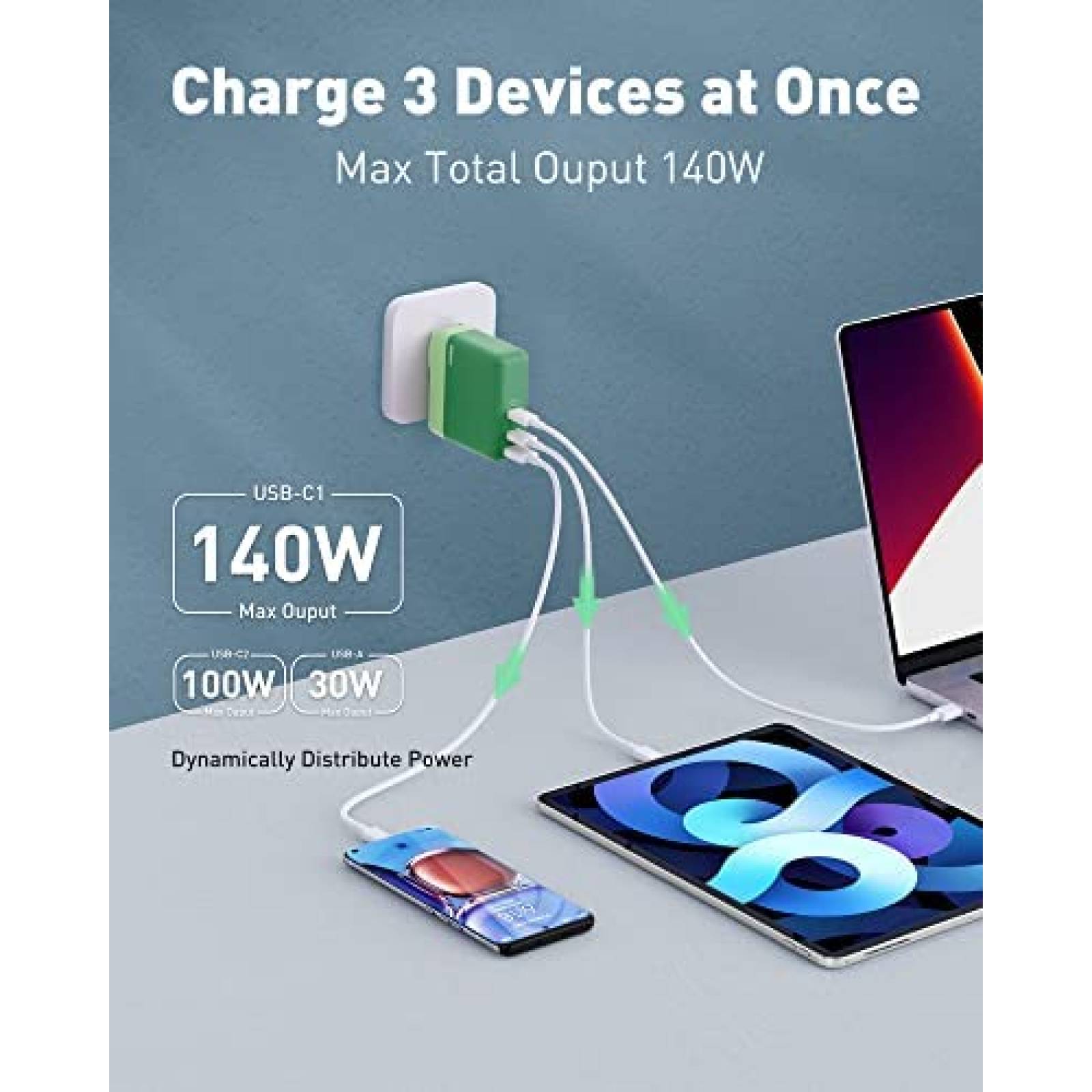Cargador de Pared IDMIX 140W USB-C 140W 3 Puertos -Verde