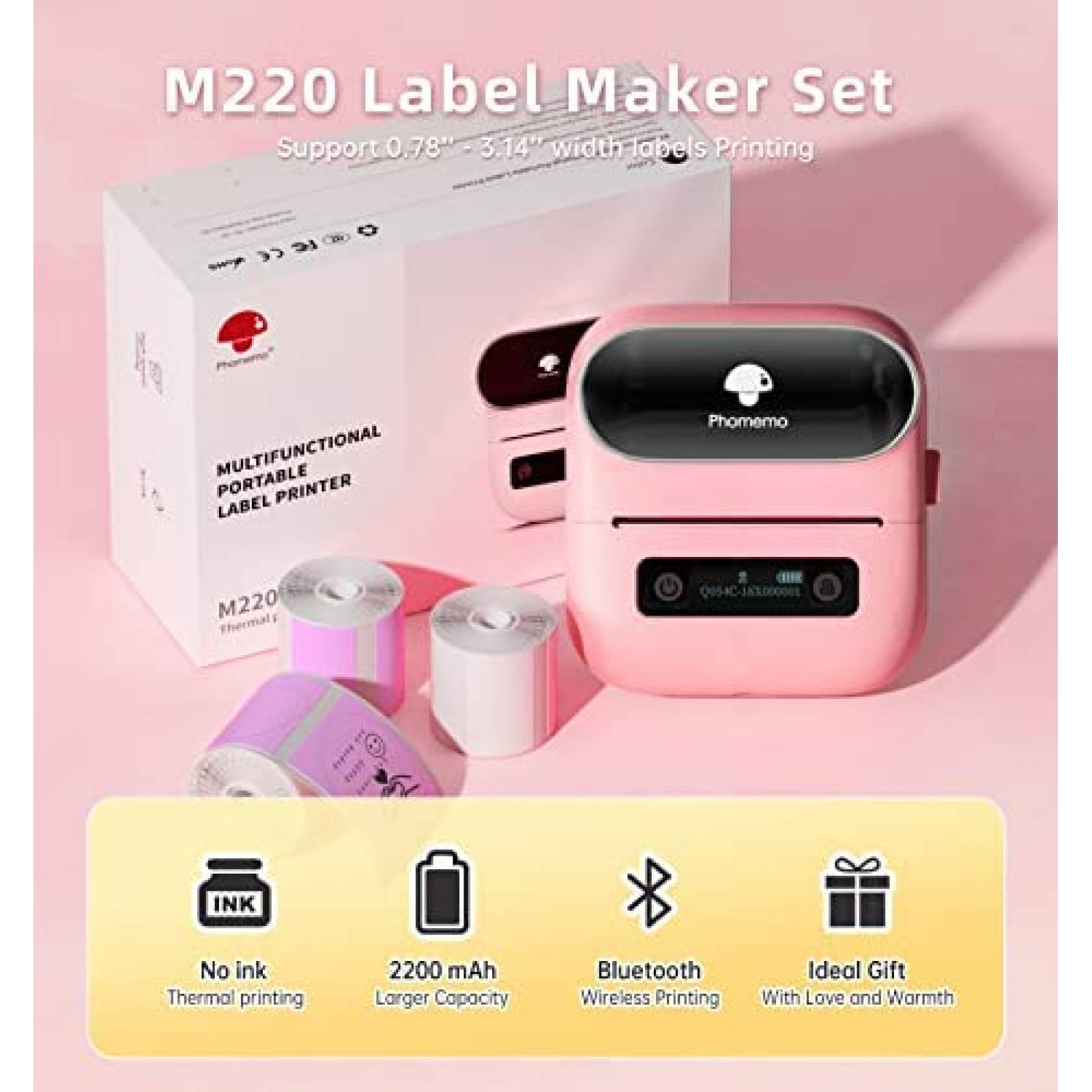 Impresora Termica Phomemo M220 y 3 Rollos de Etiquetas -Rosa