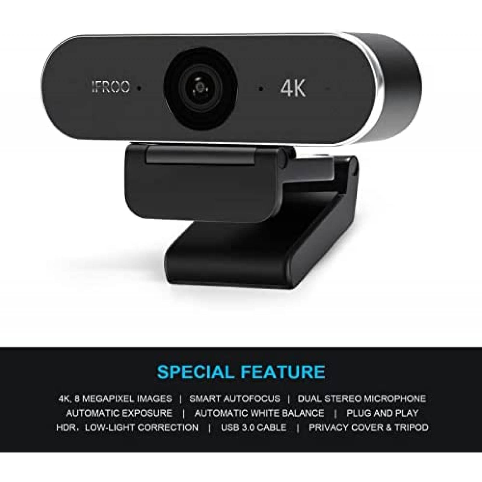 Camara Web IFROO 4K UHD 8MP 2 Mic Autoenfoque 77.5 -Negro