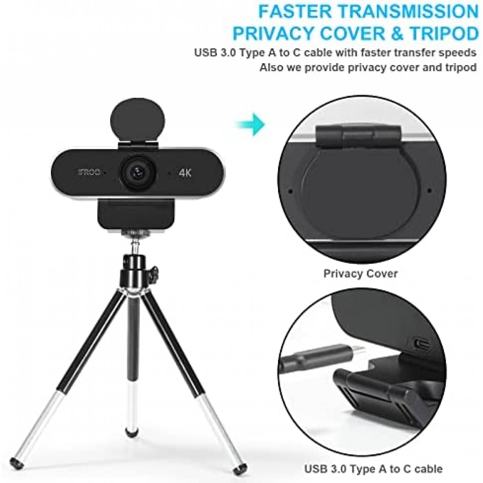 Camara Web IFROO 4K UHD 8MP 2 Mic Autoenfoque 77.5 -Negro