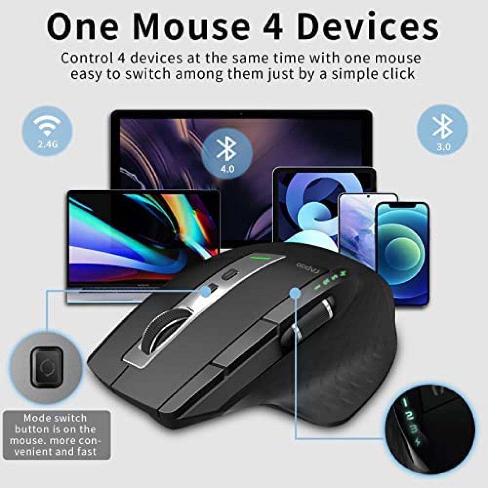 Mouse Bluetooth Rapoo Recargable con DPI Ajustable -Negro