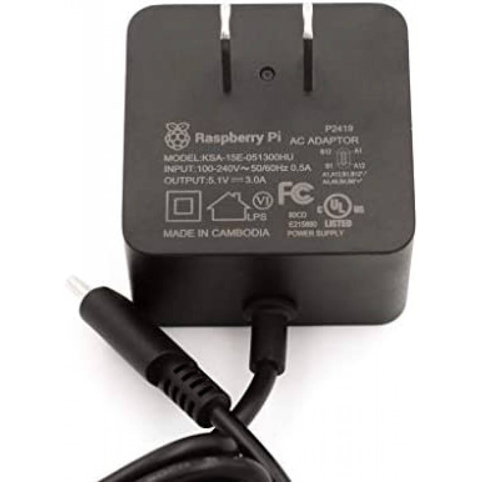 Cargador Raspberry Pi Model B USB-C 5.1V 3A Enchufe EU Negro