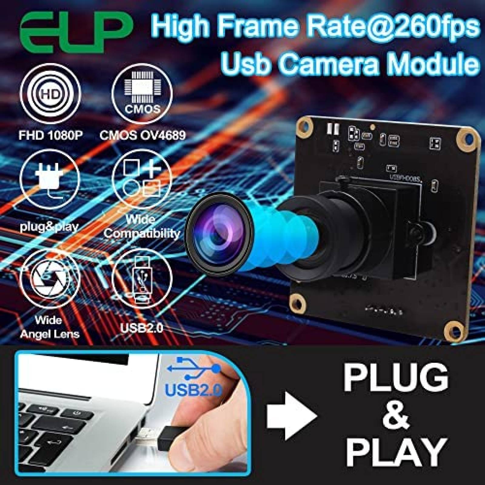 Webcam Mini ELP cmos ov4689 260fps 2MP 1080p USB -Negro