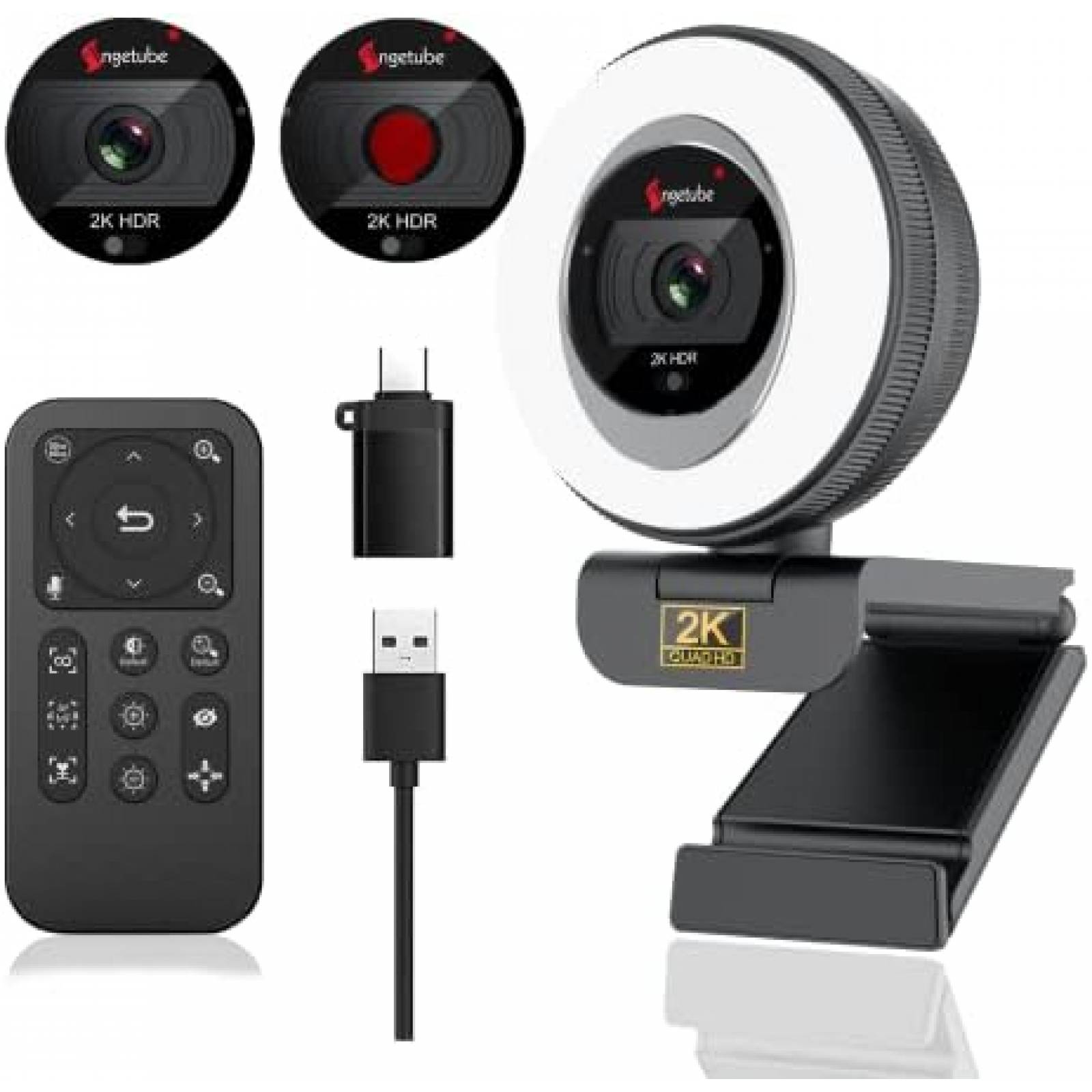 Camara Web Angetube 2K HDR 5X Zoom 2 Mic Aro Luz Integrado