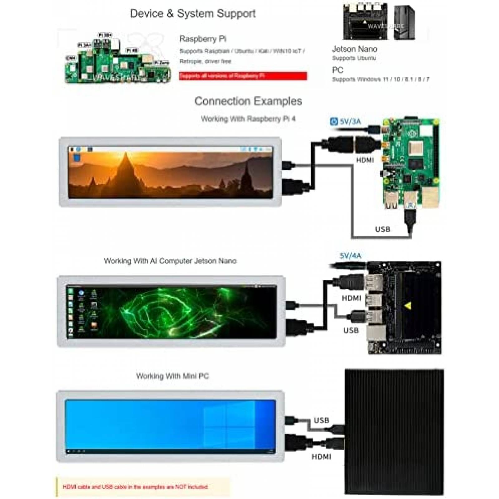 Monitor IPS Waveshare 8.8" para Raspberry Pi Jetson Nano