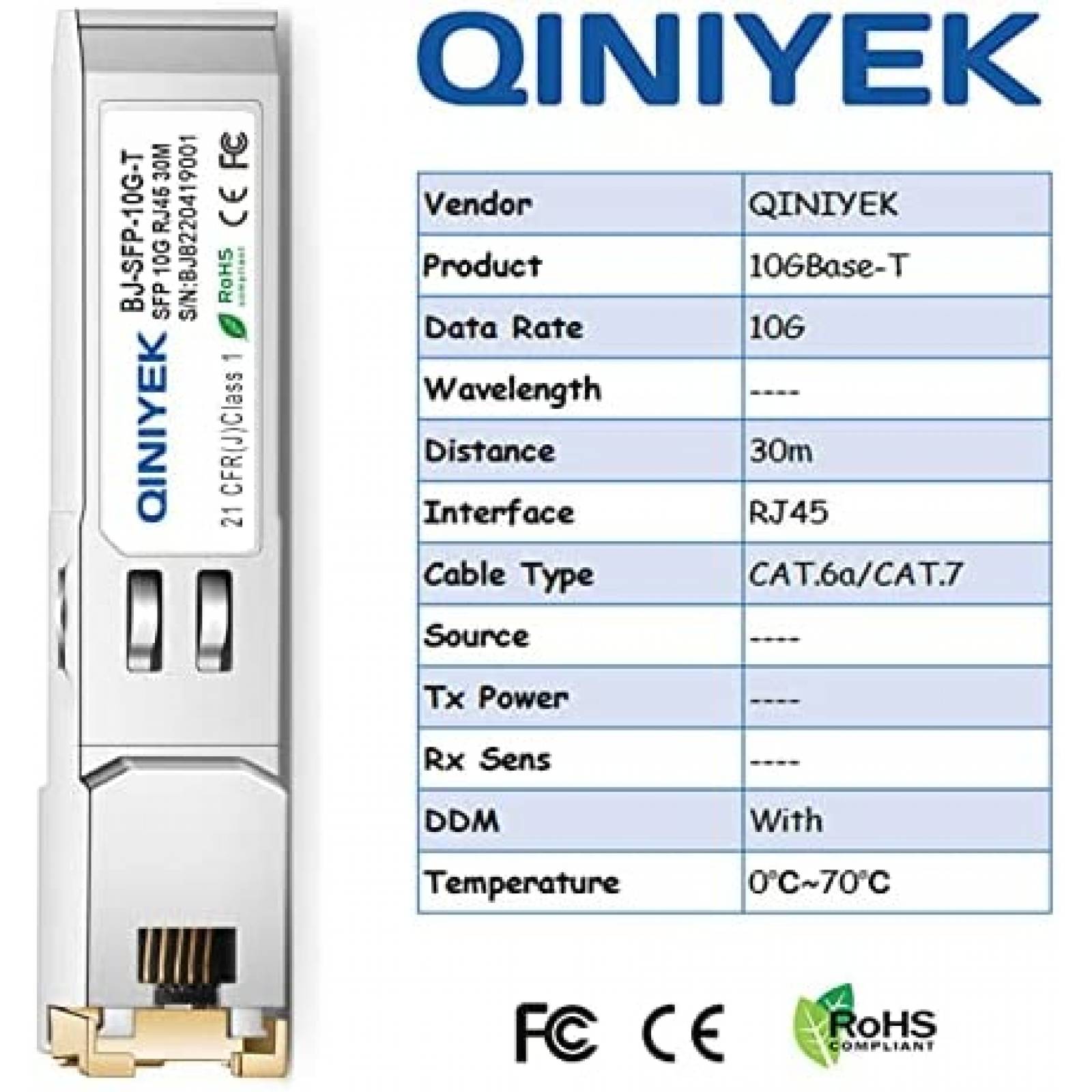 Transceptor de Red QINIYEK 10GBase-T SFP+ 30m Cisco 4 Pzs