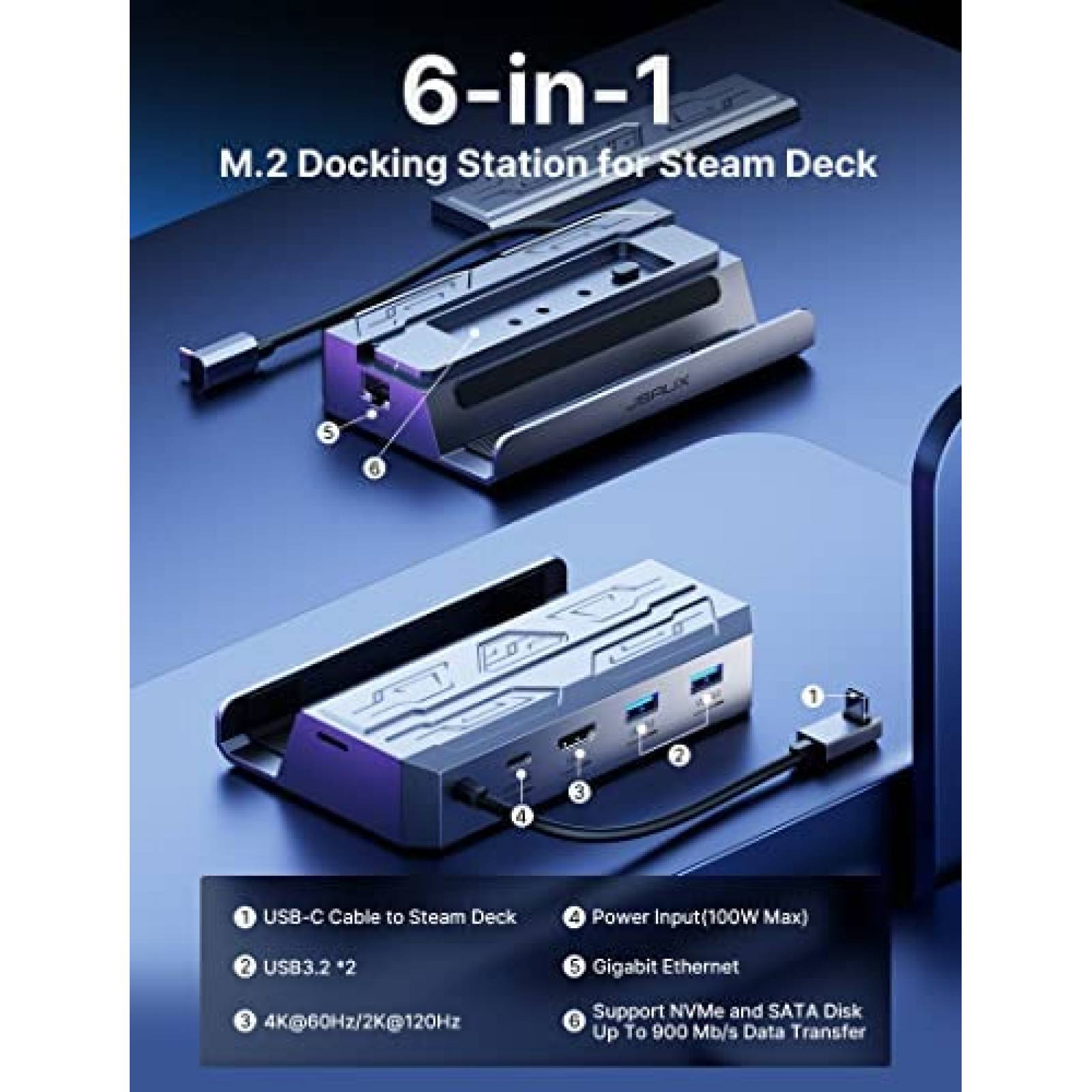 Docking Station JSAUX M.2 para Steam Deck NVMe SSD 4K 60Hz