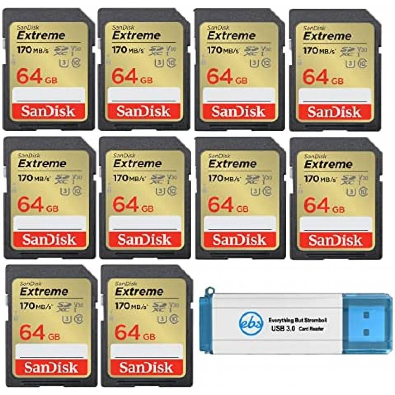 10pz Tarjeta de Memoria SanDisk SD 64GB 170MBs U3 V30
