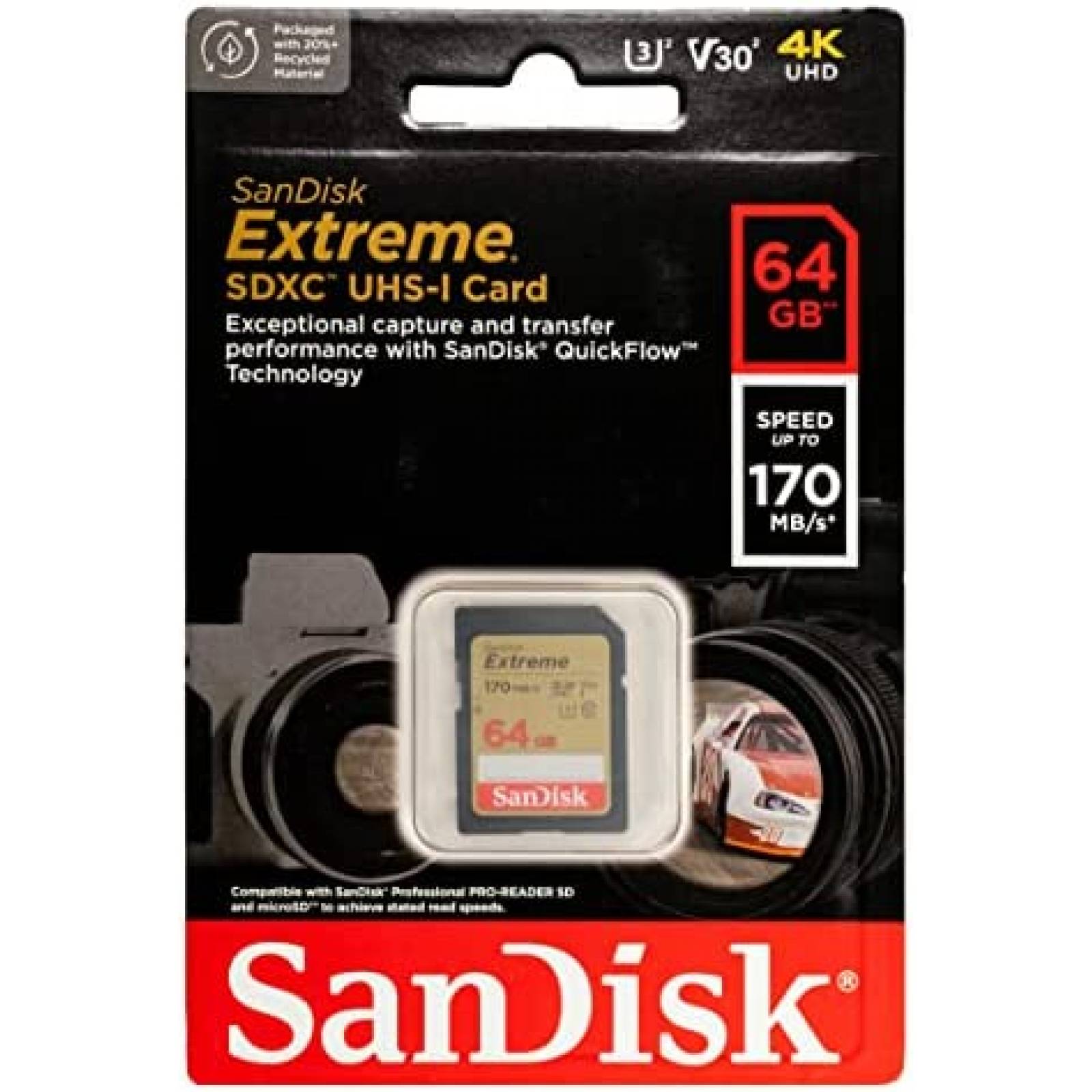 10pz Tarjeta de Memoria SanDisk SD 64GB 170MBs U3 V30