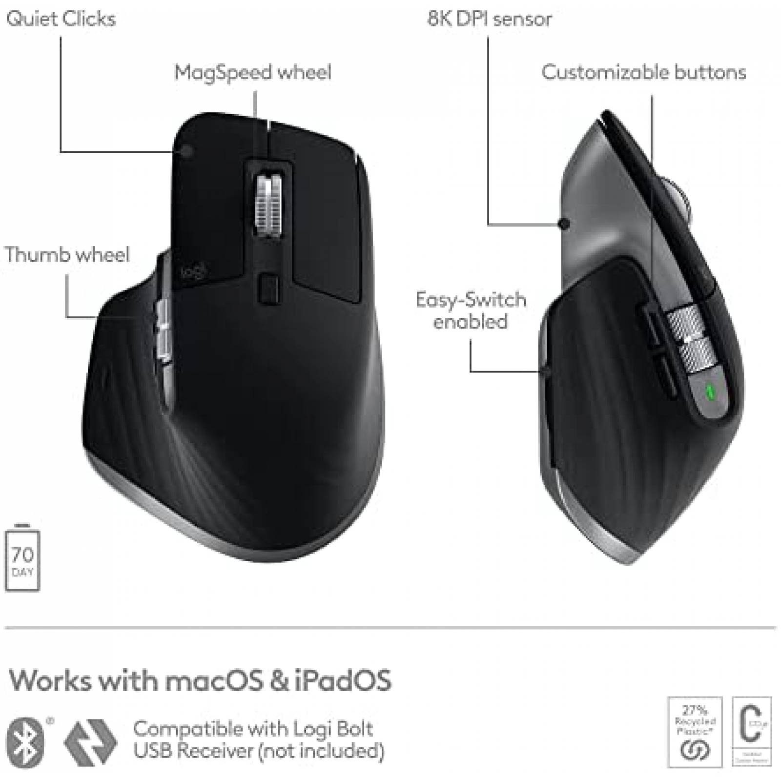 Mouse Ergonomico Logitech MX Master 3S Inalambrico -Negro