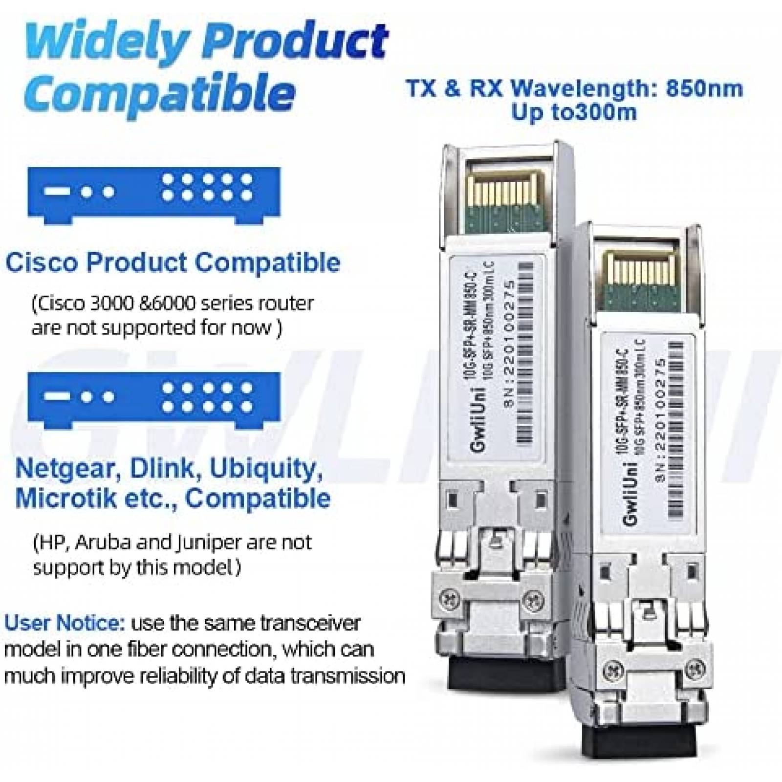 Transceptor De Red GwliUni 10G SFP+ SR MM850nm 300m 10 Pzs