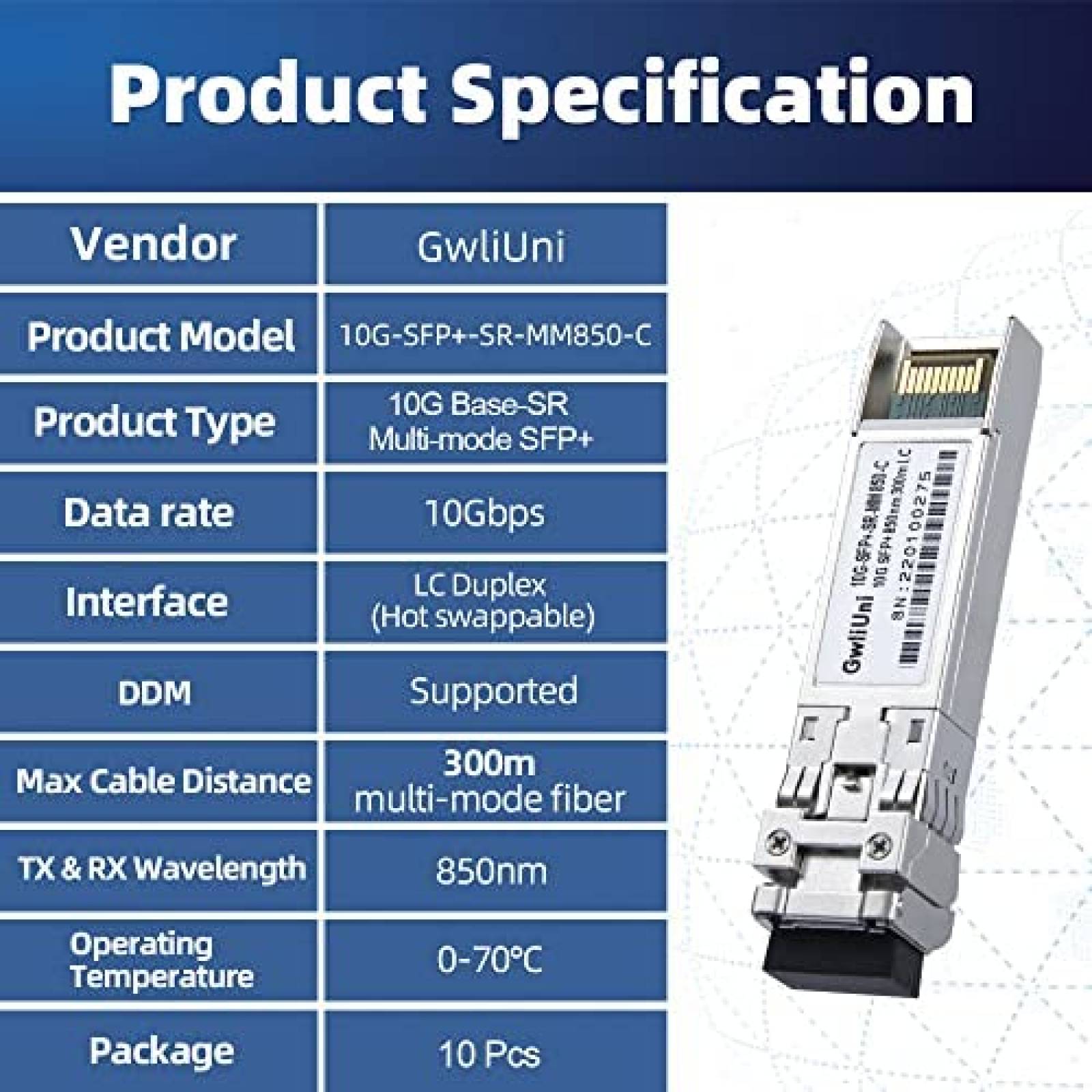 Transceptor De Red GwliUni 10G SFP+ SR MM850nm 300m 10 Pzs