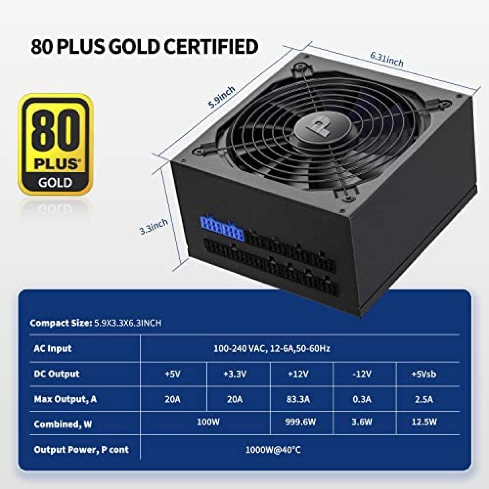 Fuente de Poder Pystar ES1000 1000W 80+ PSU 140mm DC-DC -Neg