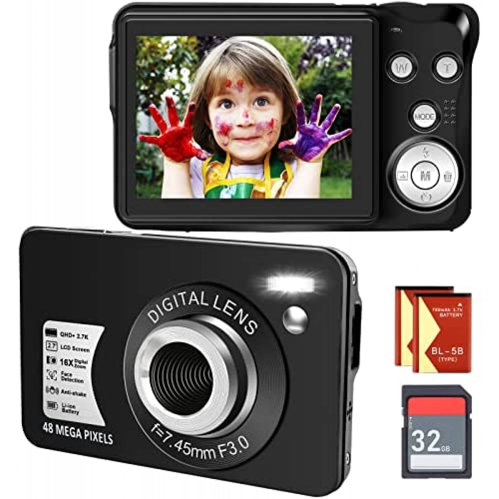 Cámara digital, cámara digital FHD 2.7K para niños, cámara digital