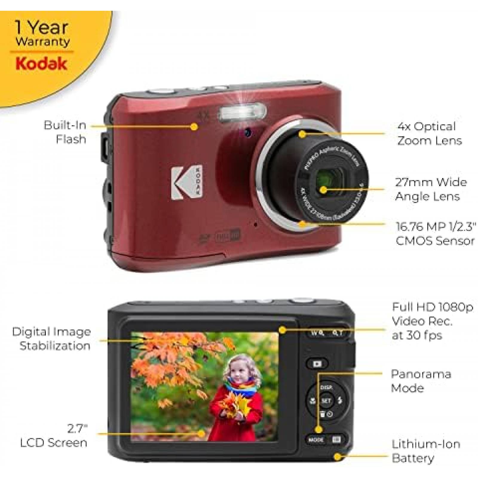 Camara Digital Kodak PIXPRO FZ45 16MP 64GB Accesorios -Rojo