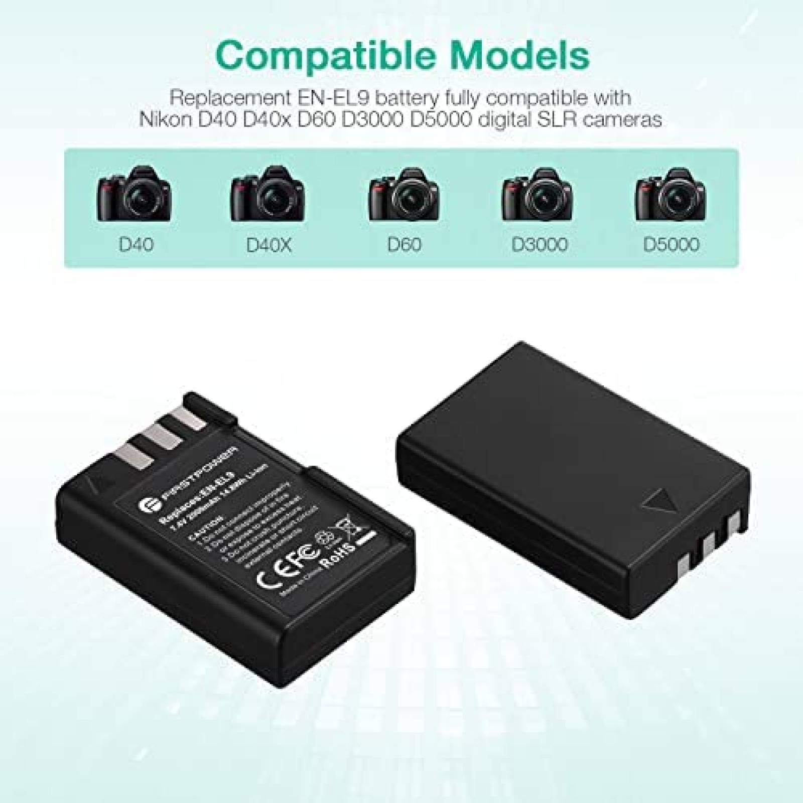 Cargador Firstpower EN-EL9 Comp. con Nikon D40 -Negro