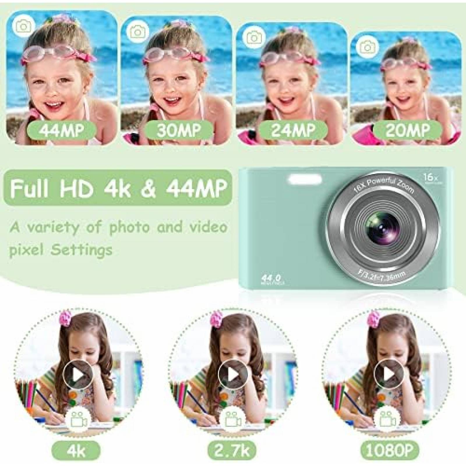 Camara Digital UIKICON 4K 44MP SD 32GB 2 Baterias -Verde