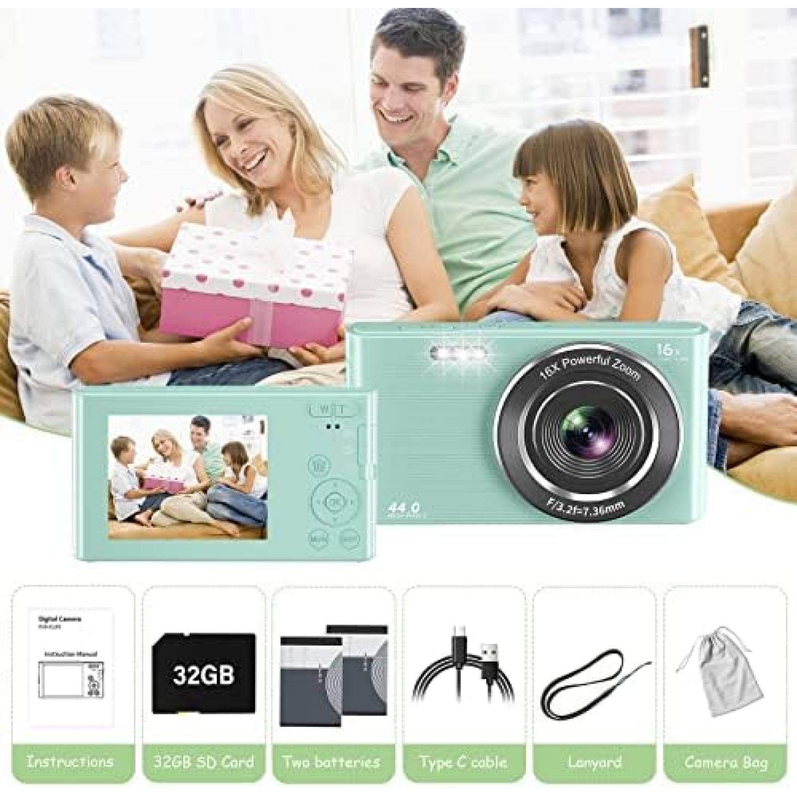 Camara Digital UIKICON 4K 44MP SD 32GB 2 Baterias -Verde