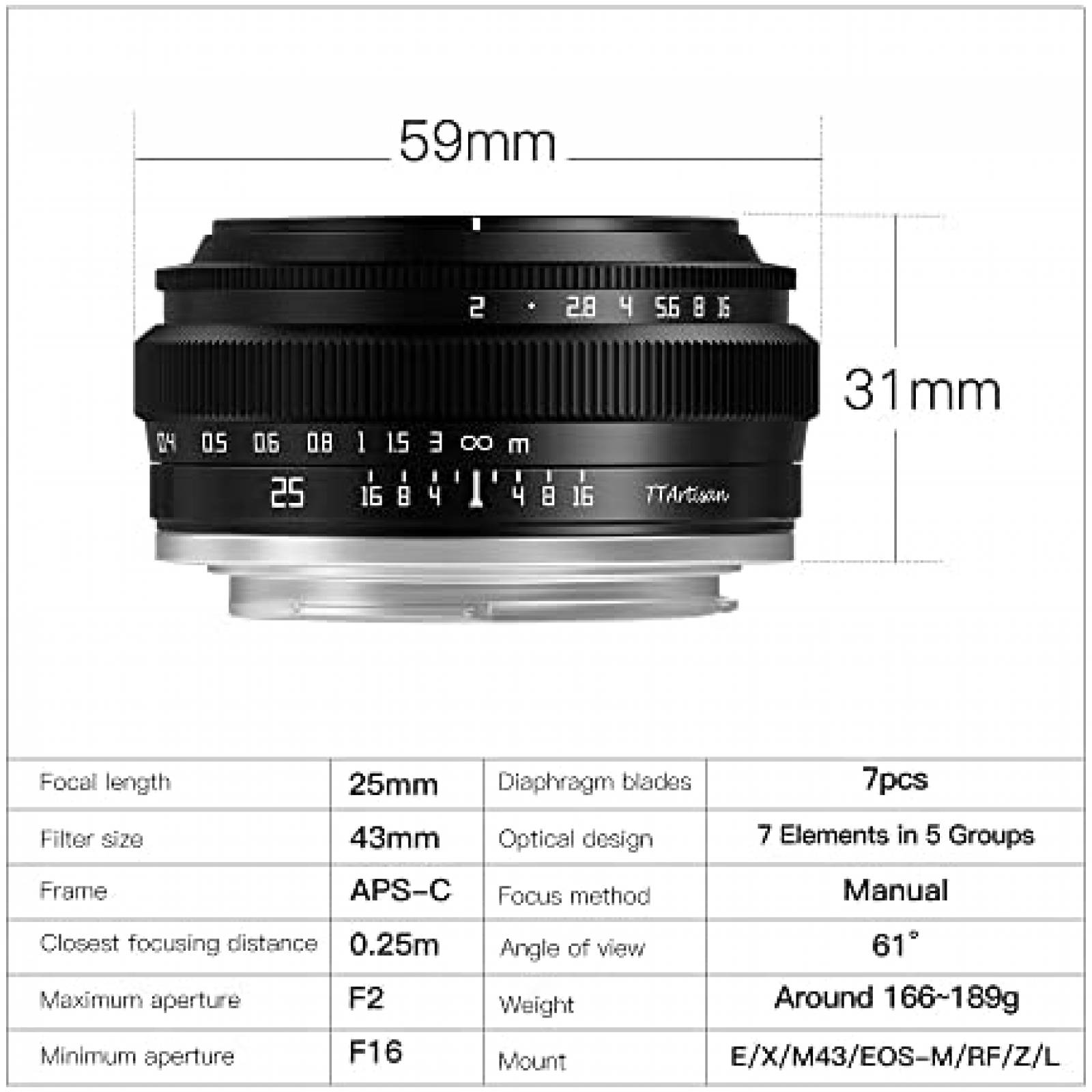 Lente de Camara TTArtisan 25mm f2 APS-C para E Mount -Negro