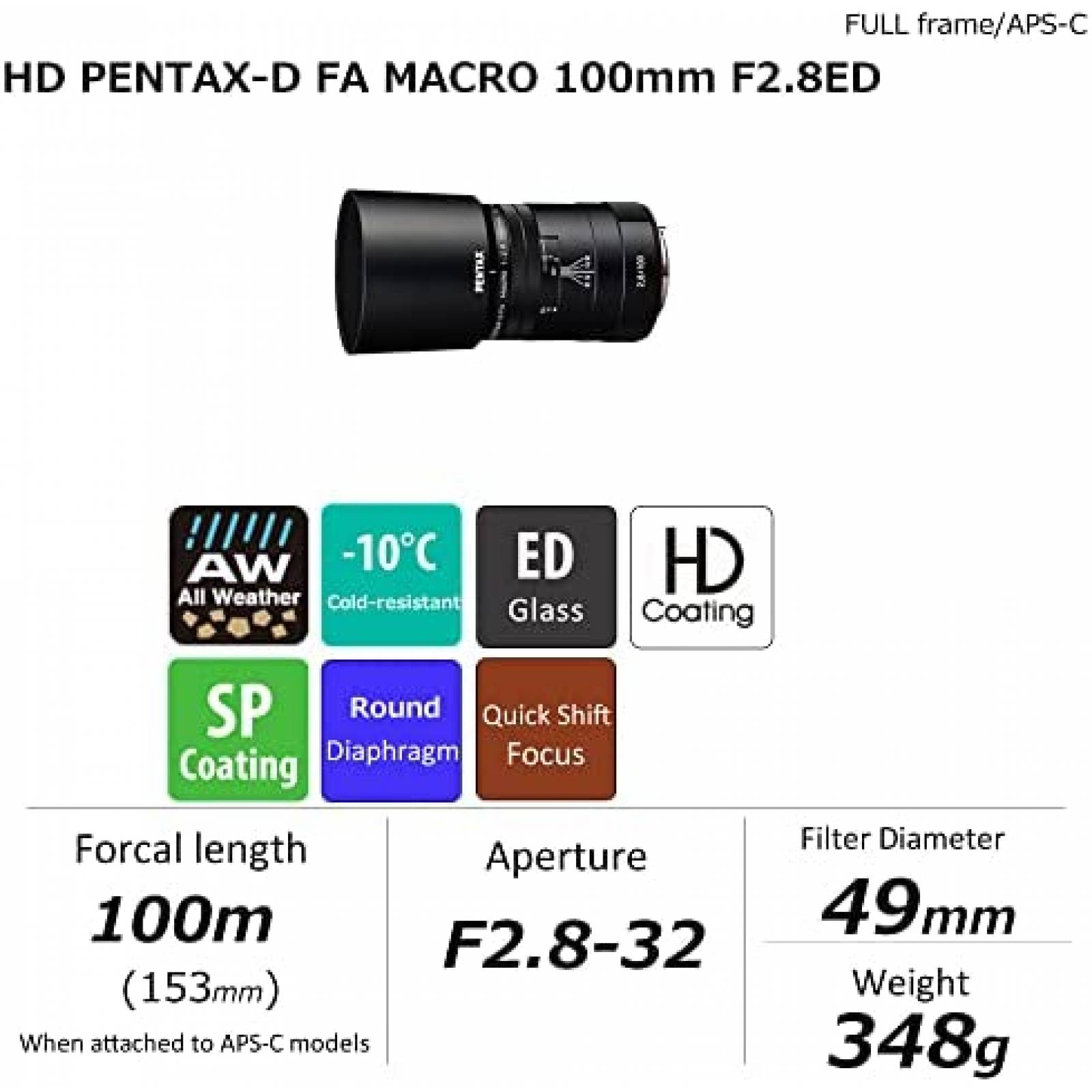 Lente De Camara SIn Espejo PENTAX 100mm F2.8ED AW -Negro