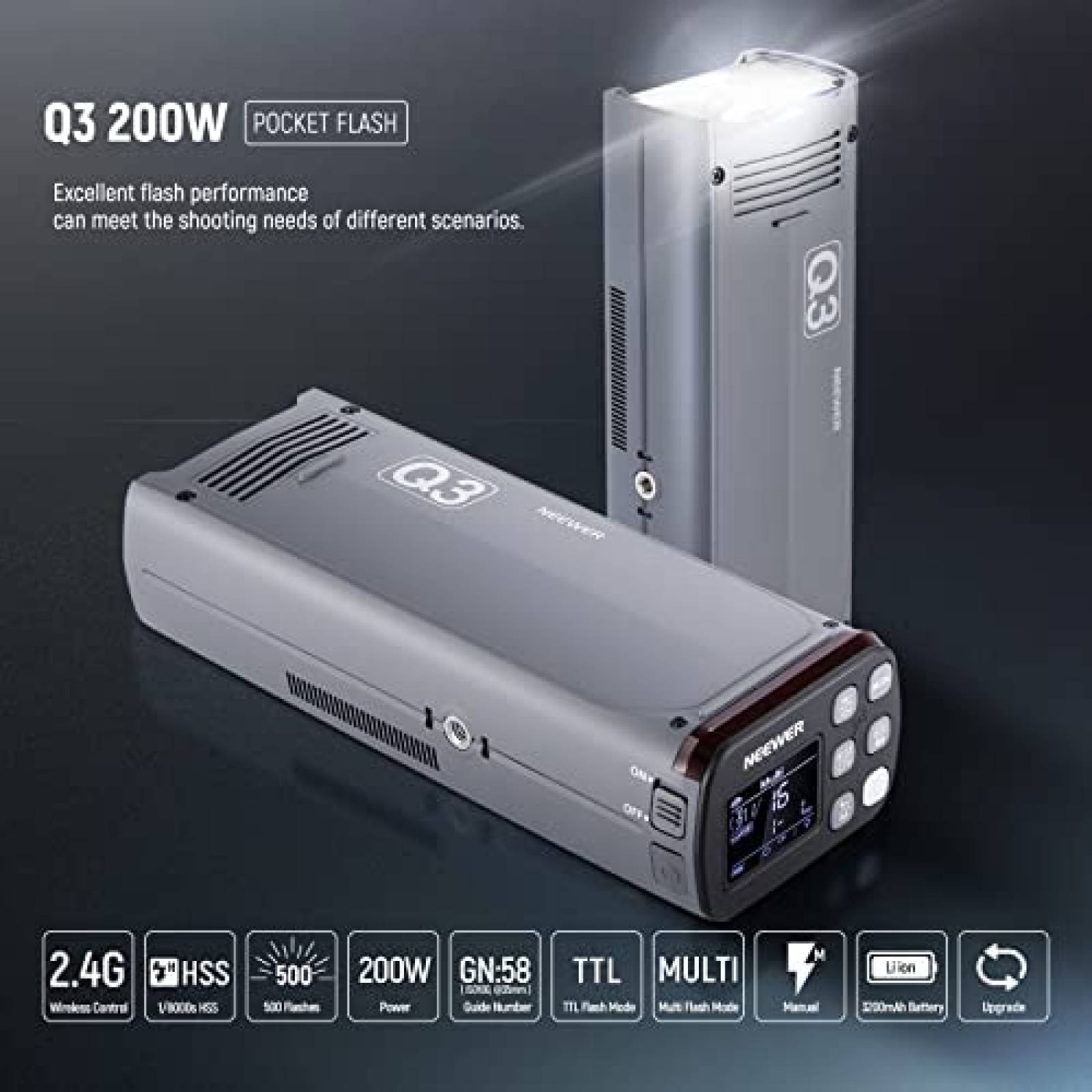 Luz de Flash Neewer Q3 Portatil Ligera 3200mAh ISO100 -Gris
