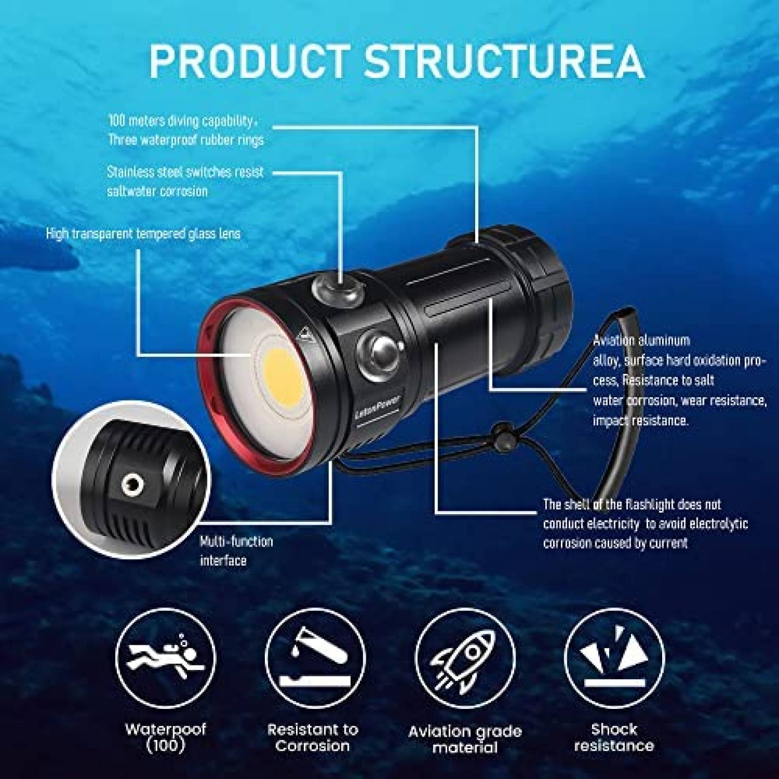 Linterna de Buceo LetonPower Sealion L12 Profesional -Negro