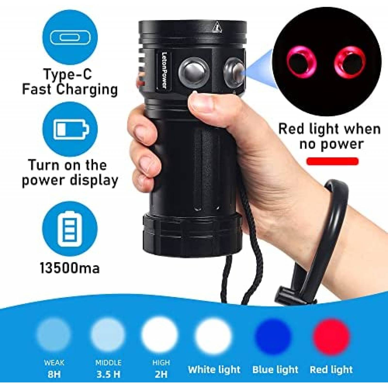 Linterna de Buceo LetonPower Sealion L12 Profesional -Negro