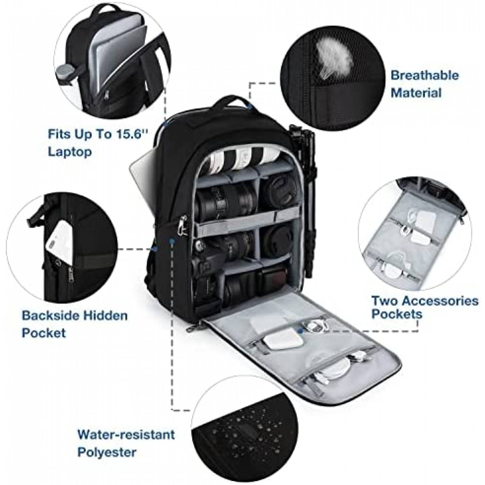 Mochila BAGSMART para camara/Espacio para laptop 15.6" Negro