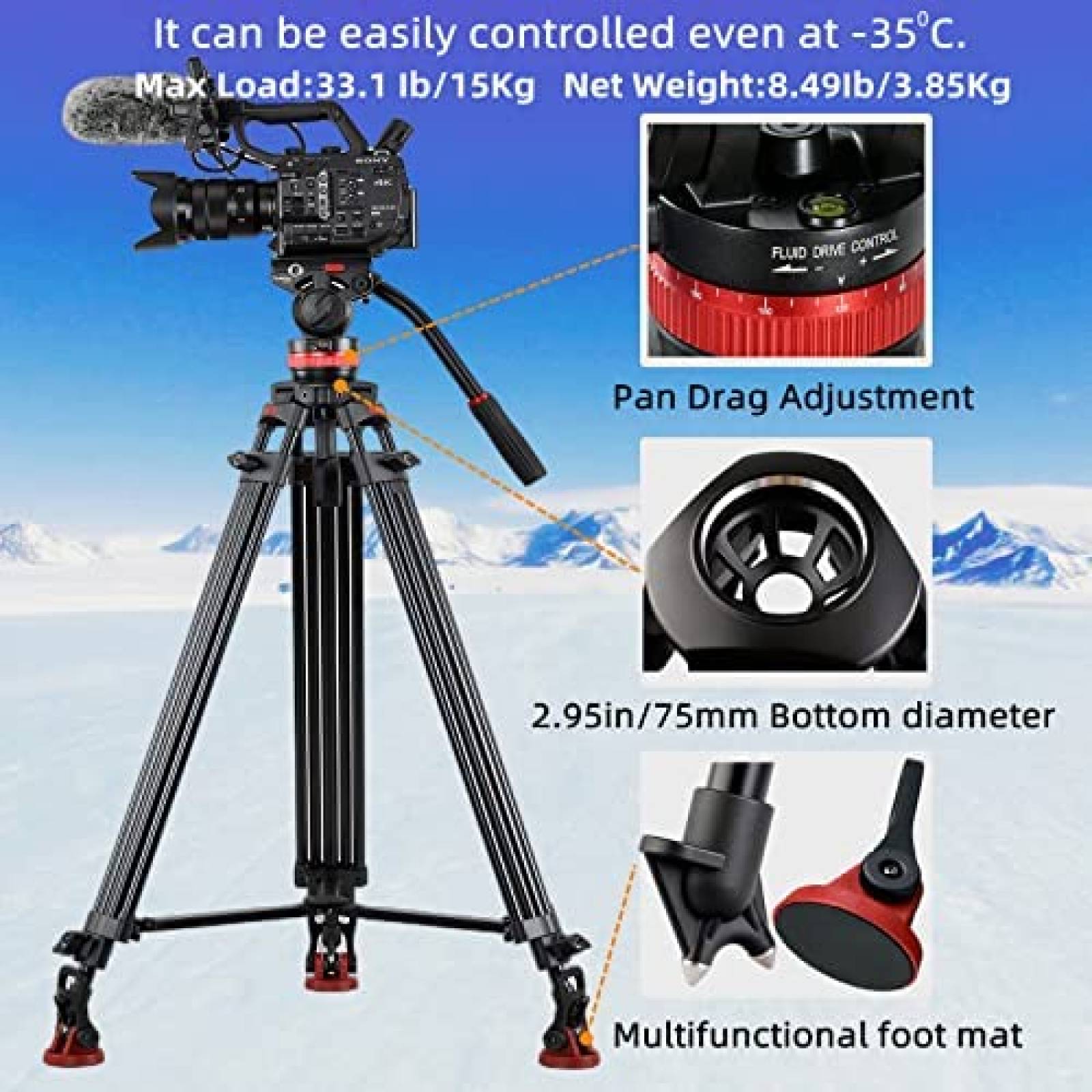 Tripie Camara Leifrotto TA190H 75 Profesional 33 lbs -Negro