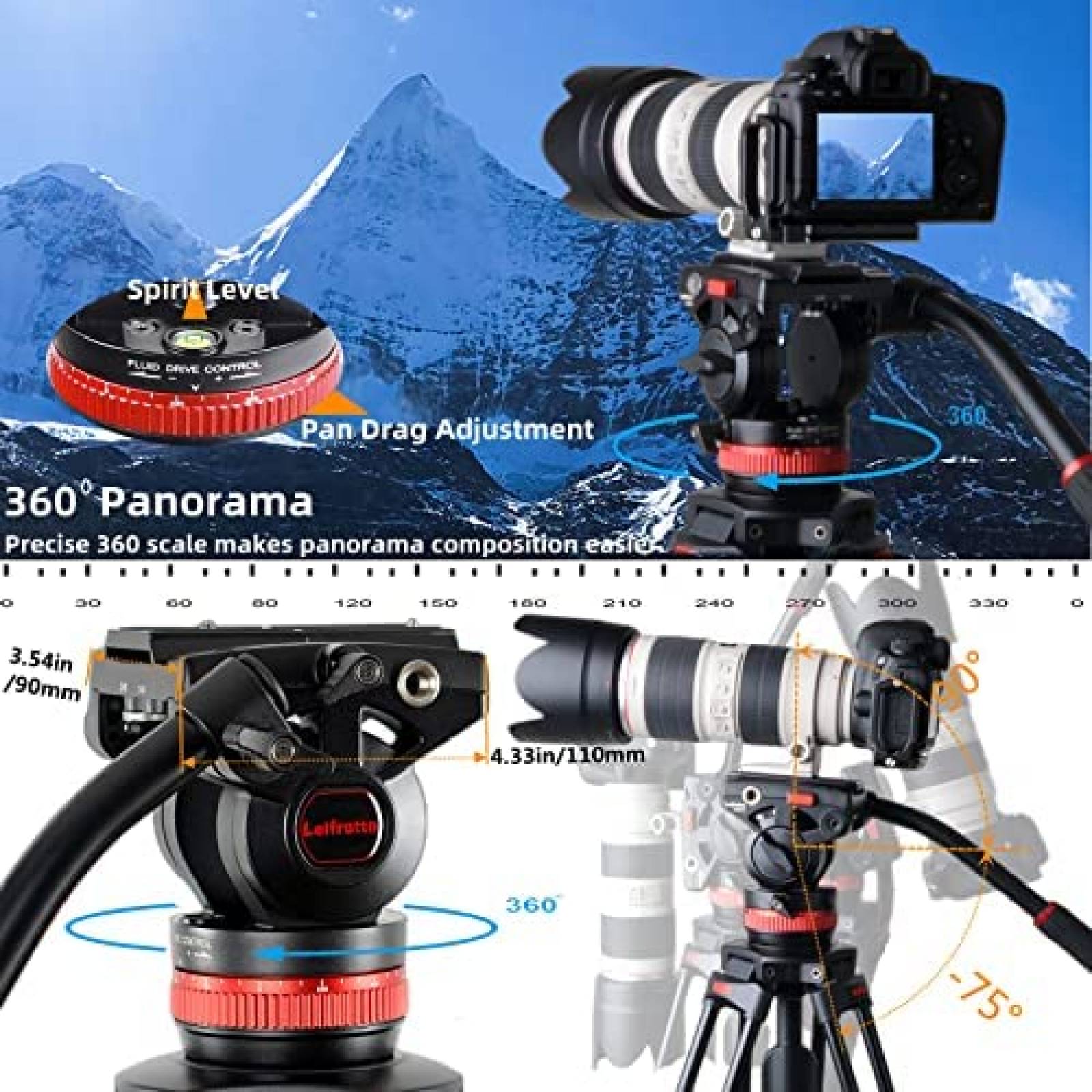 Tripie Camara Leifrotto TA190H 75 Profesional 33 lbs -Negro