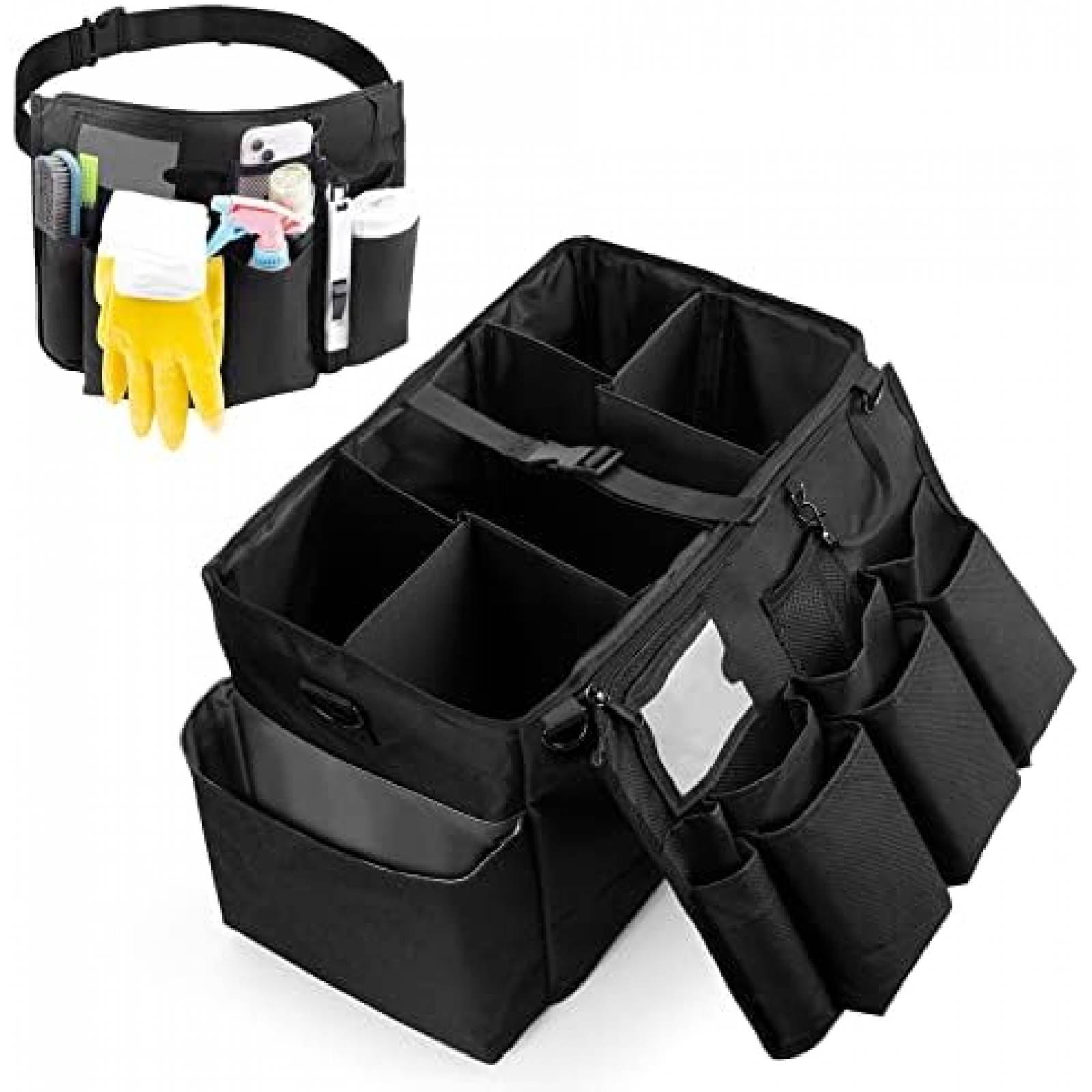  Organizador de limpieza con asa, bolsa de limpieza portátil  para suministros de limpieza, bolsa de limpieza con correas de hombro y  cintura, bolsa de herramientas organizadora debajo del fregadero con  múltiples