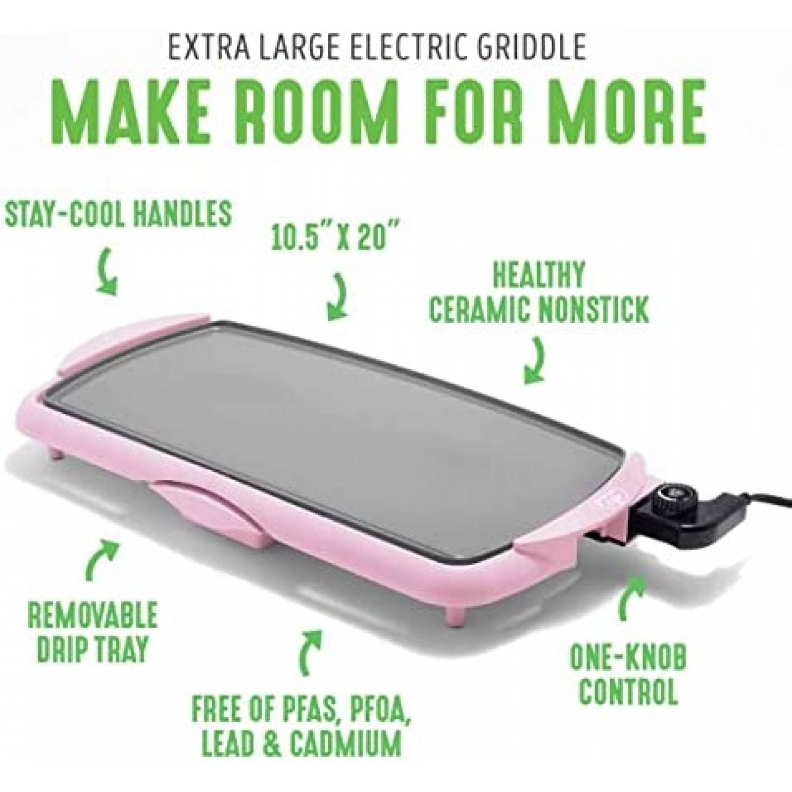Parrilla Electrica GreenLife 20" Ceramica Libre PFAS -Rosa
