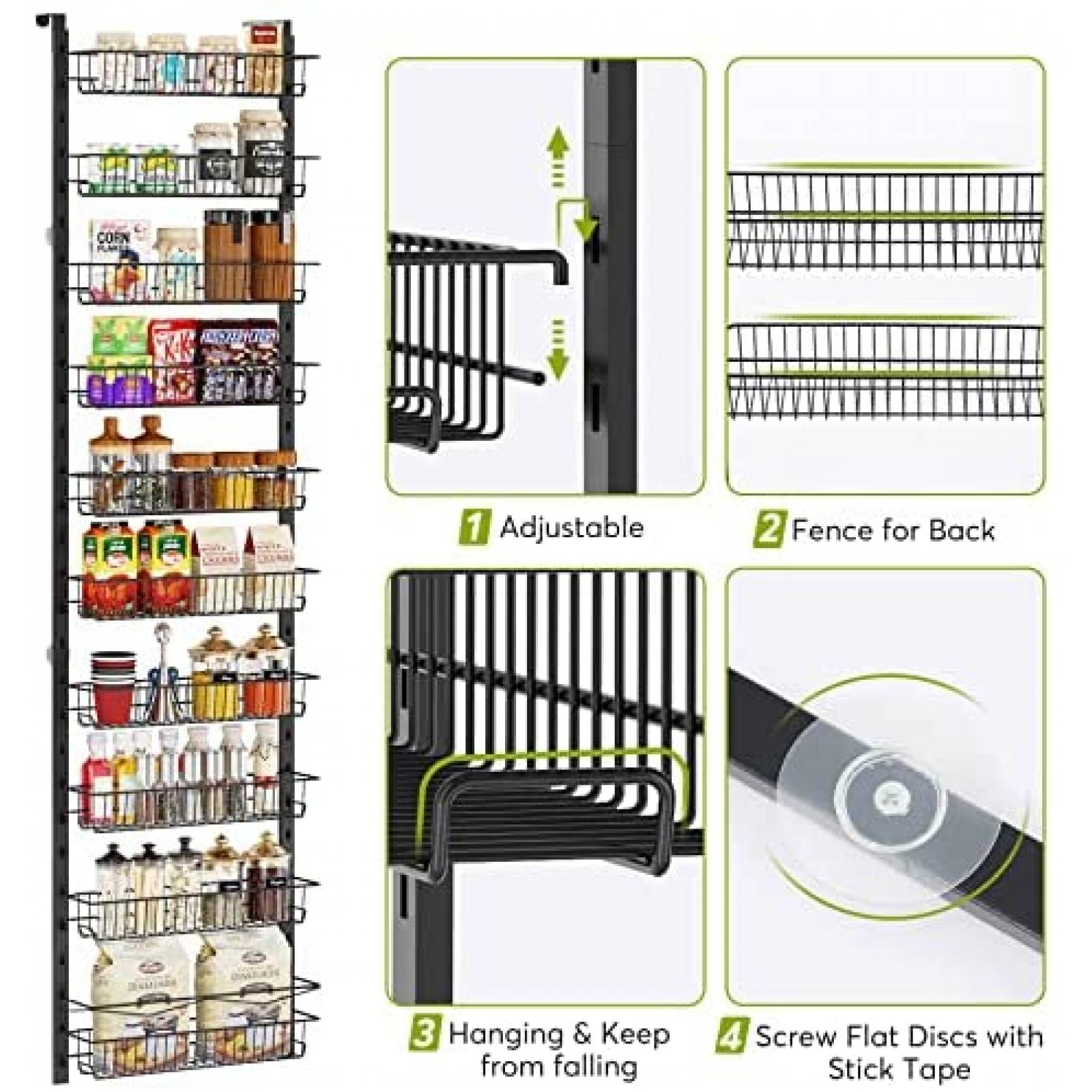 1Easylife Organizador de despensa sobre la puerta, organizador de despensa  ajustable de 10 niveles, estante de puerta de metal con marco desmontable