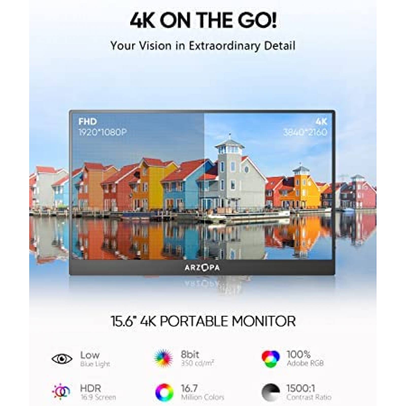 Monitor Portatil Arzopa 4K 15.6" HDMI para Laptop Celular