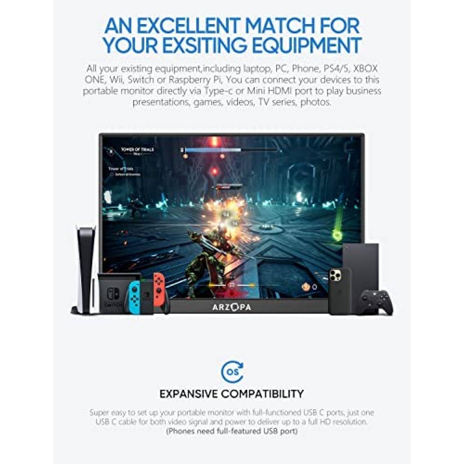 Monitor Portatil ARZOPA HDR de 13.3" 2K 60 Hz -Negro