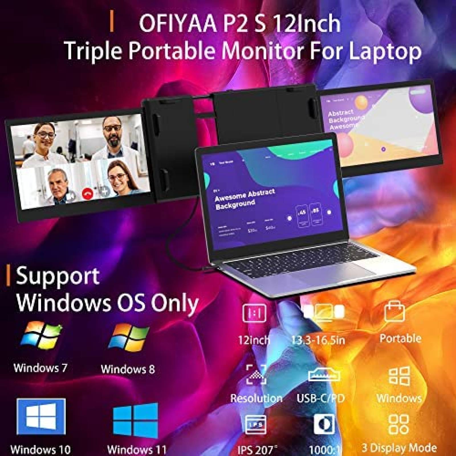 Monitor portátil para Notebook con pantalla doble de 13.3 - Ofiyaa P2 PRO  Tri Screen