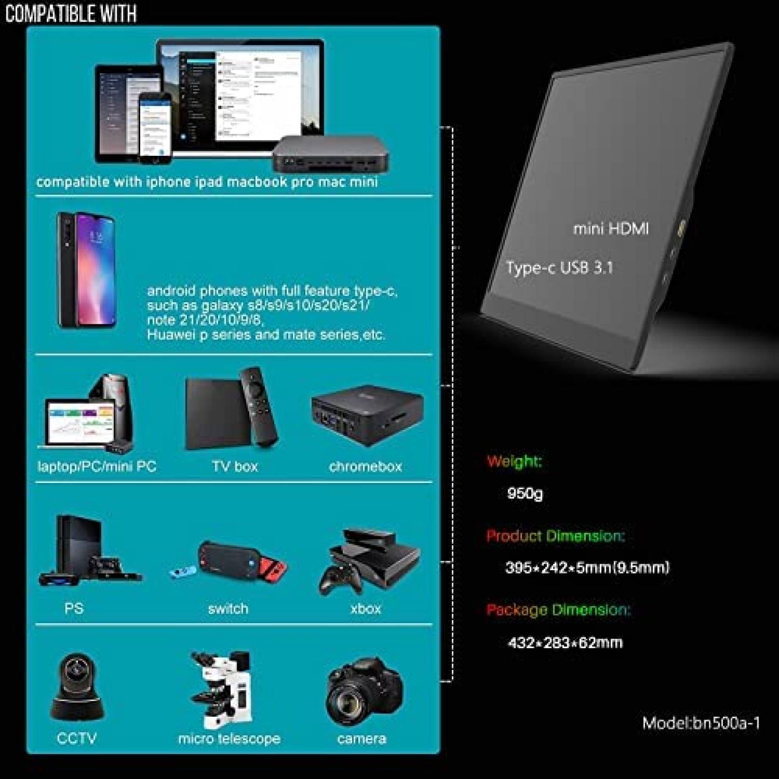 Monitor Portatil Bimawen 17.3'' sRGB 1080p 60Hz -Negro