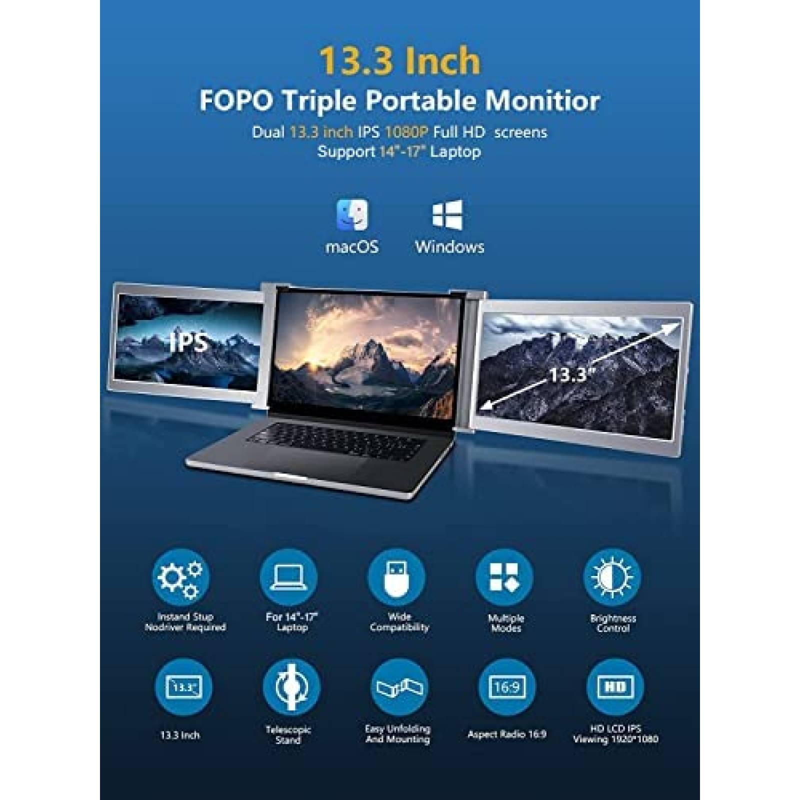 Monitor Portatil FOPO 13.3'' FHD 1080p HDMI USB-C -Gris