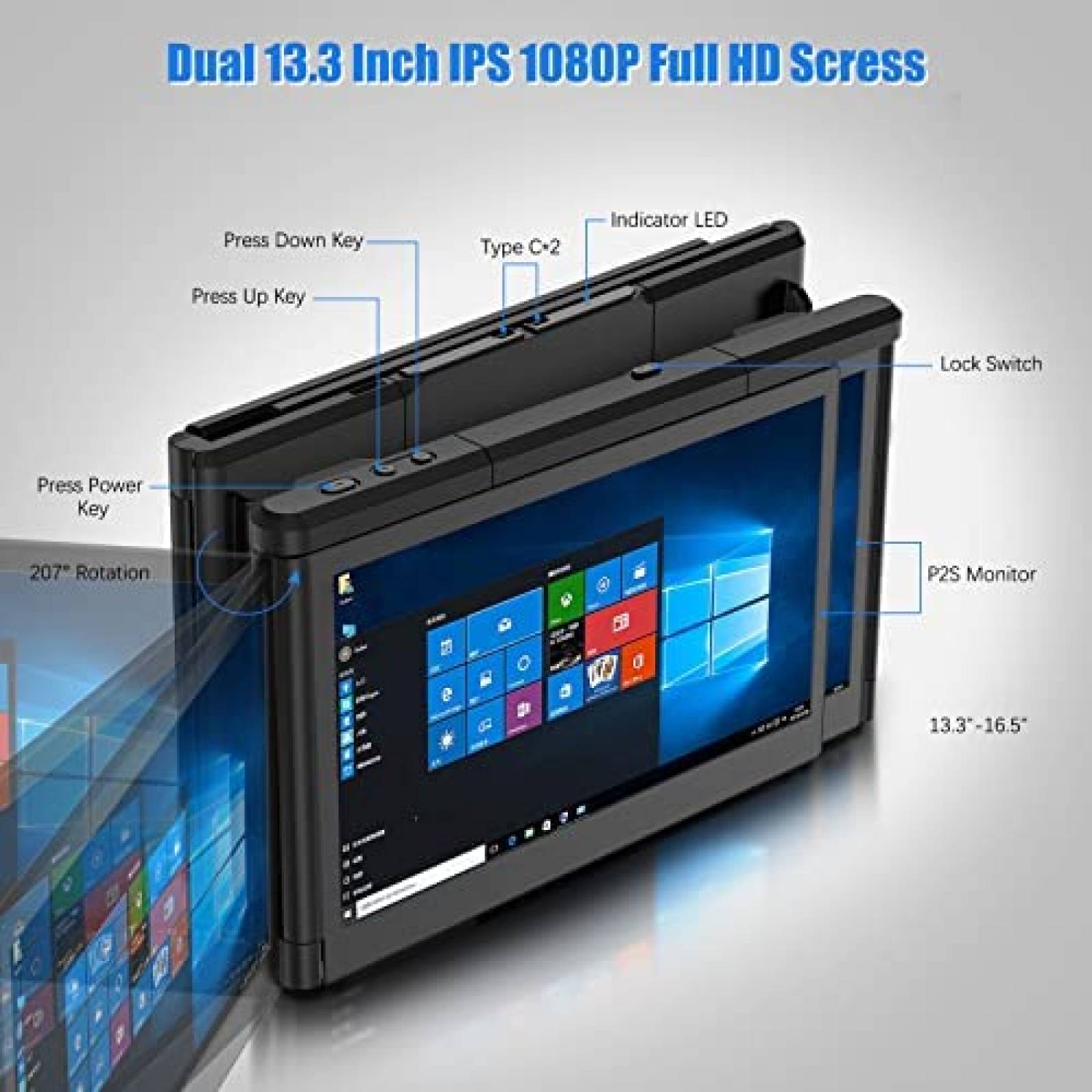 Monitor Doble Portatil ADWOLT 12'' 1080p FHD IPS -Negro