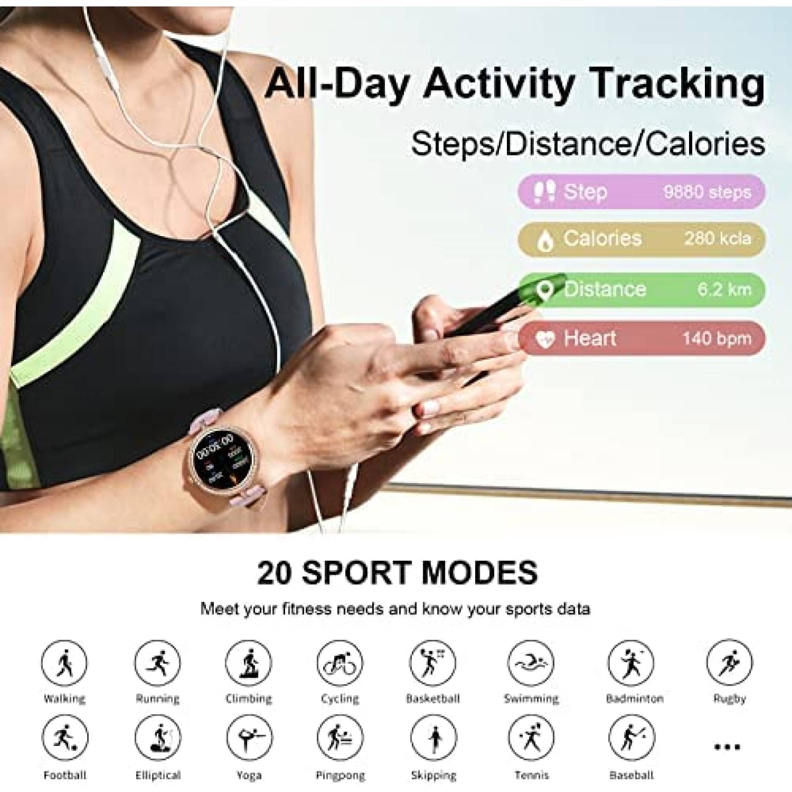 Smartwatch JENYNG 1.3'' Resiste al Agua Control Voz -Rosa